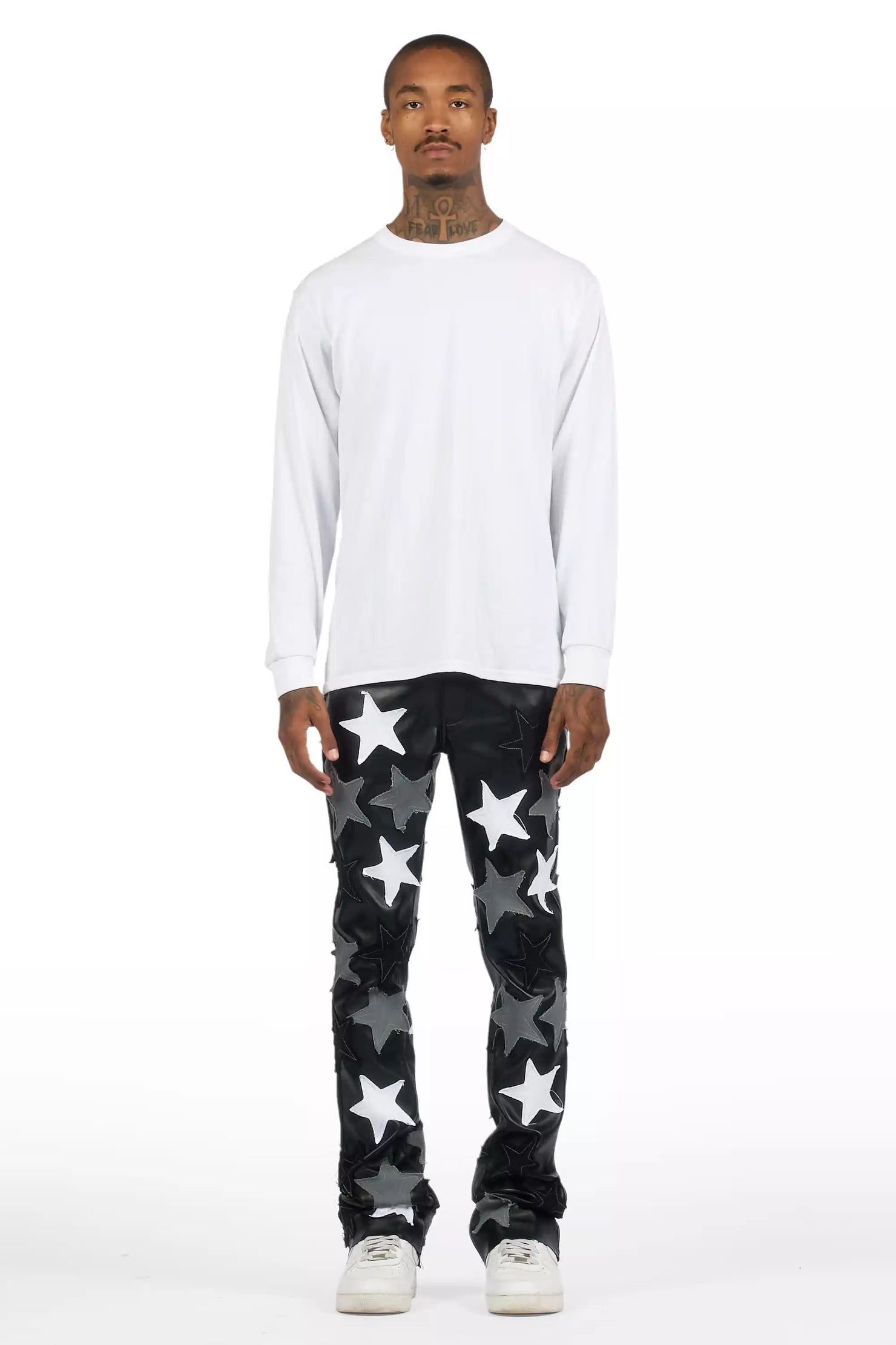 Starlane Black Stacked Flare PU Pants