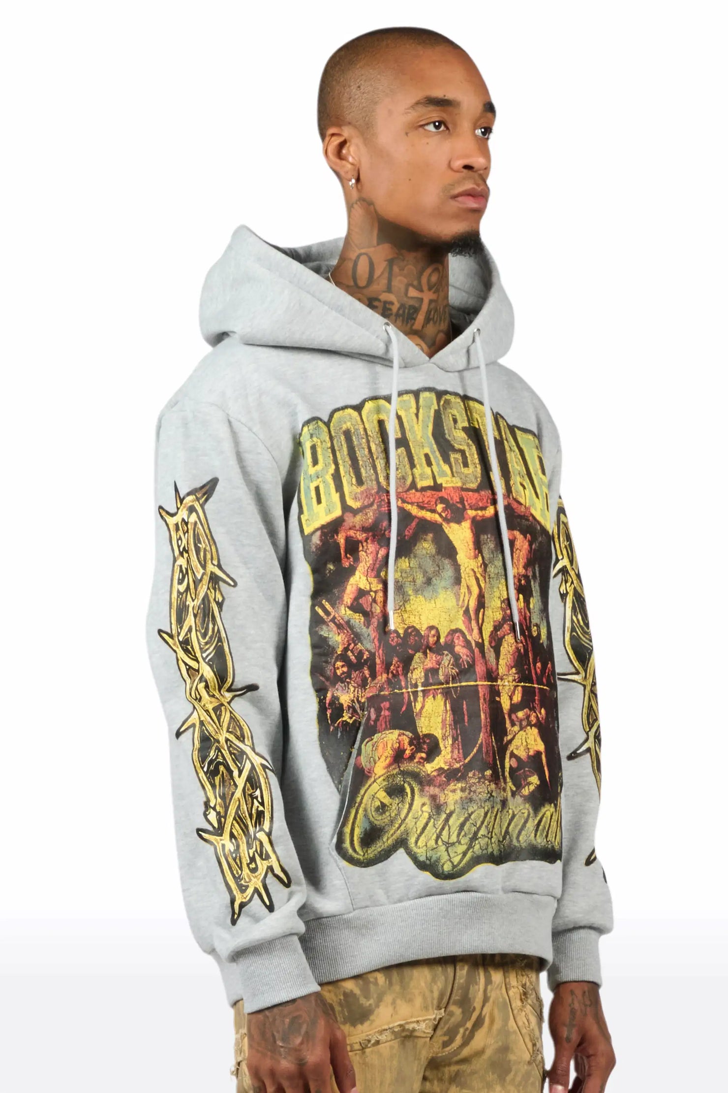 Waller Heather Grey Graphic Distressed Relaxed Hoodie