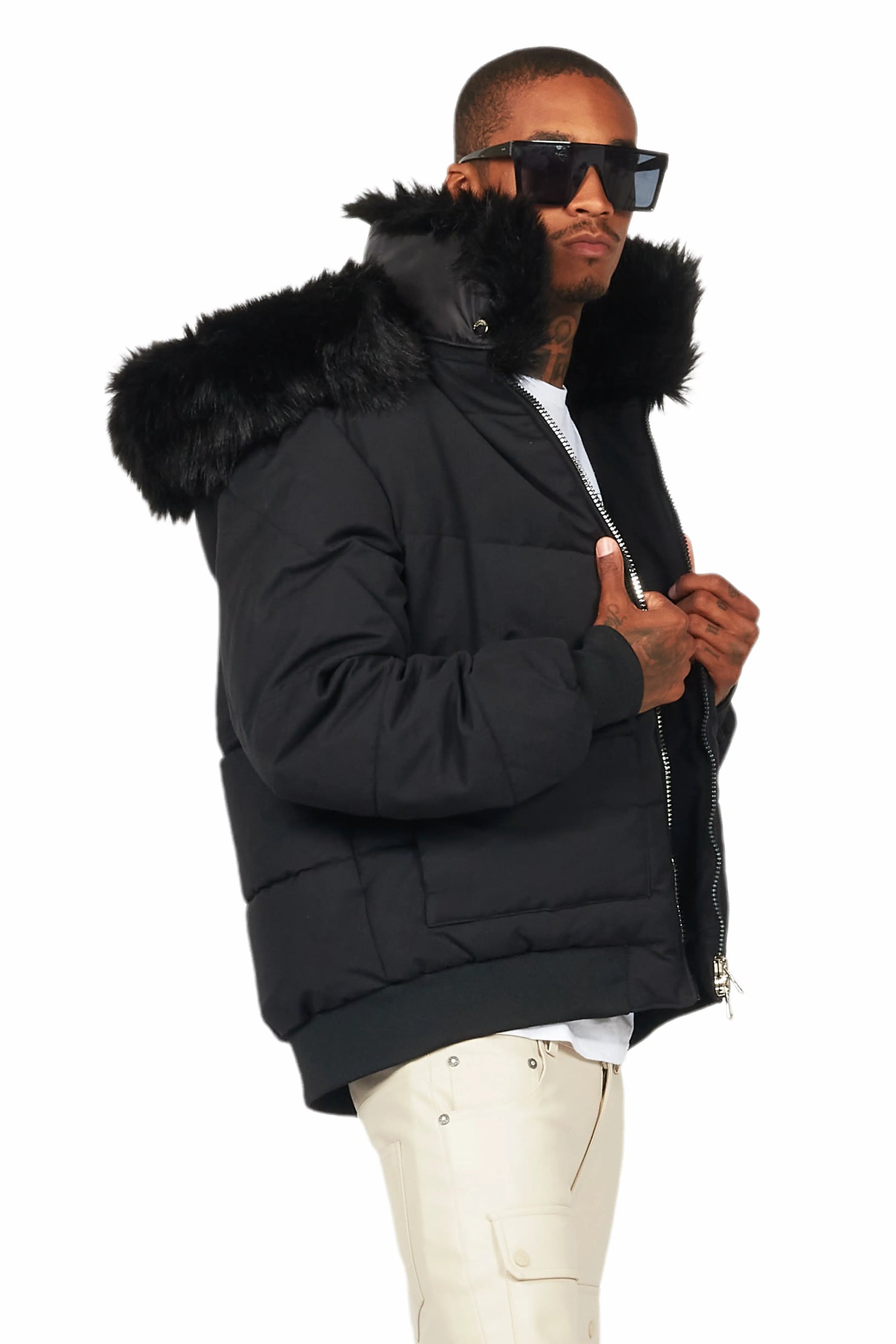 Langston Black Puffer Jacket with Fur Hood