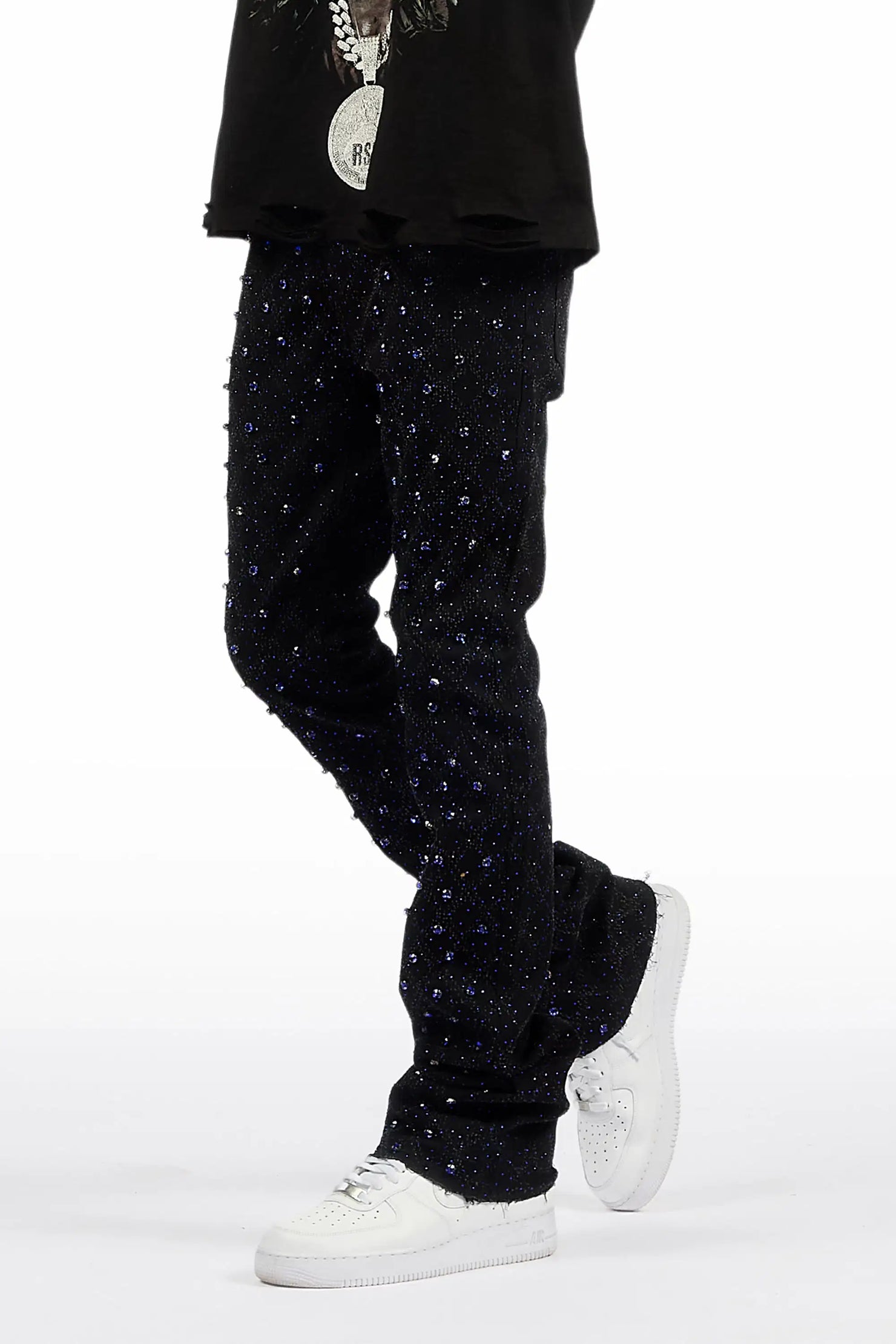 Glit Black/Royal Rhinestone Stacked Flare Jean