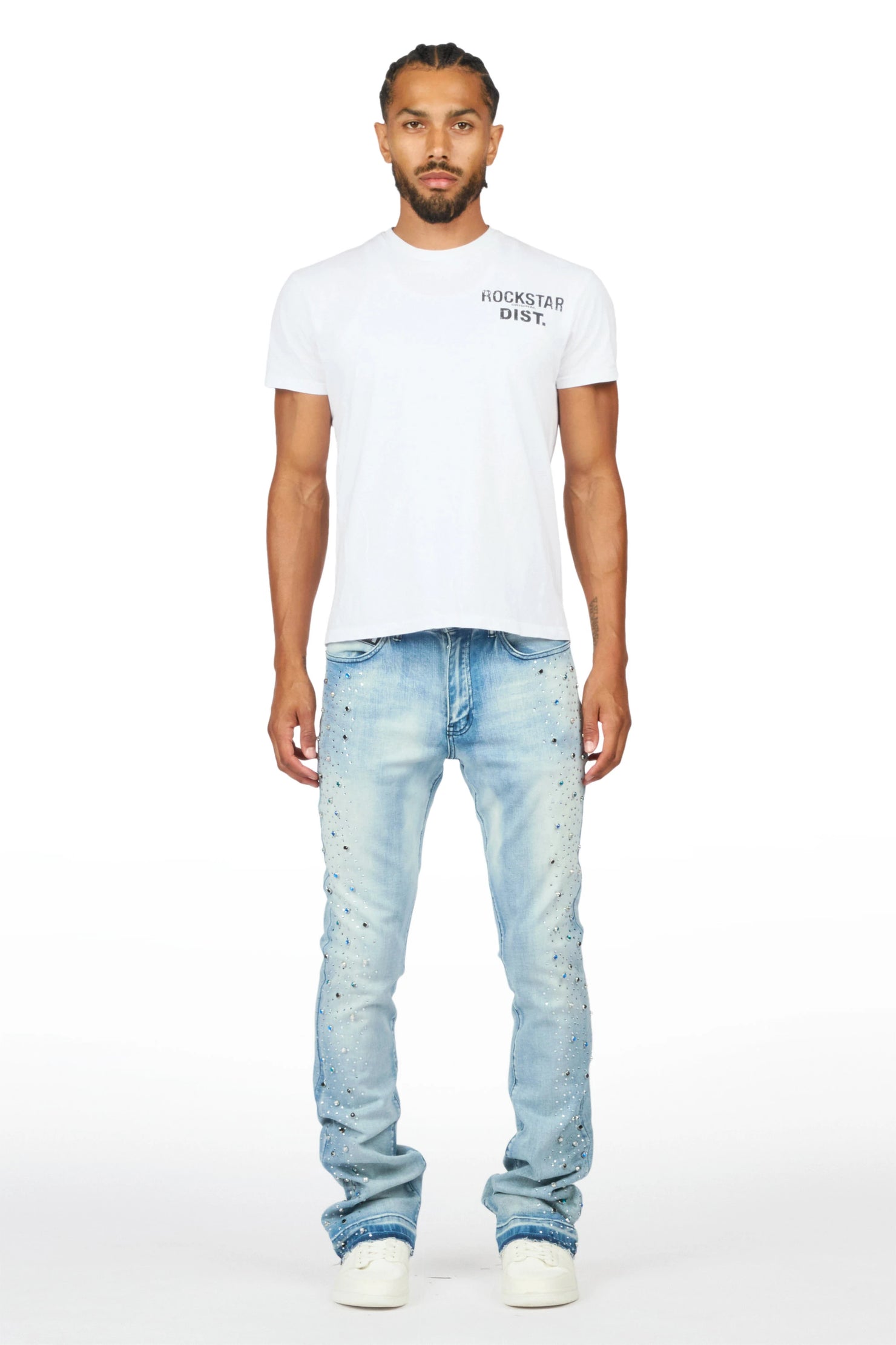 Monty Light Blue Rhinestone Studded Stacked Flare Jean