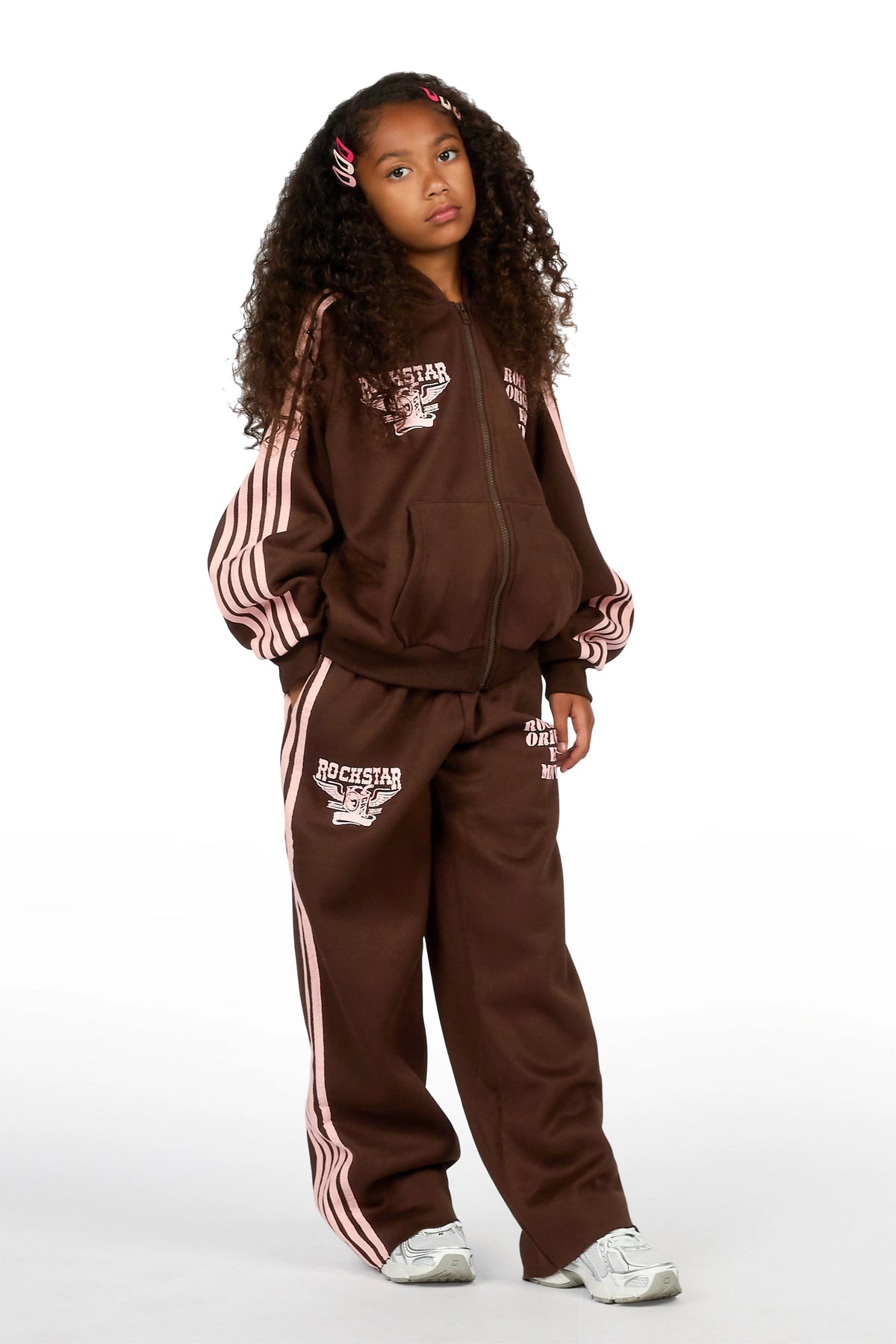 Girls Maniera Brown/Pink Zip Up Hoodie Relaxed Pant Track Set