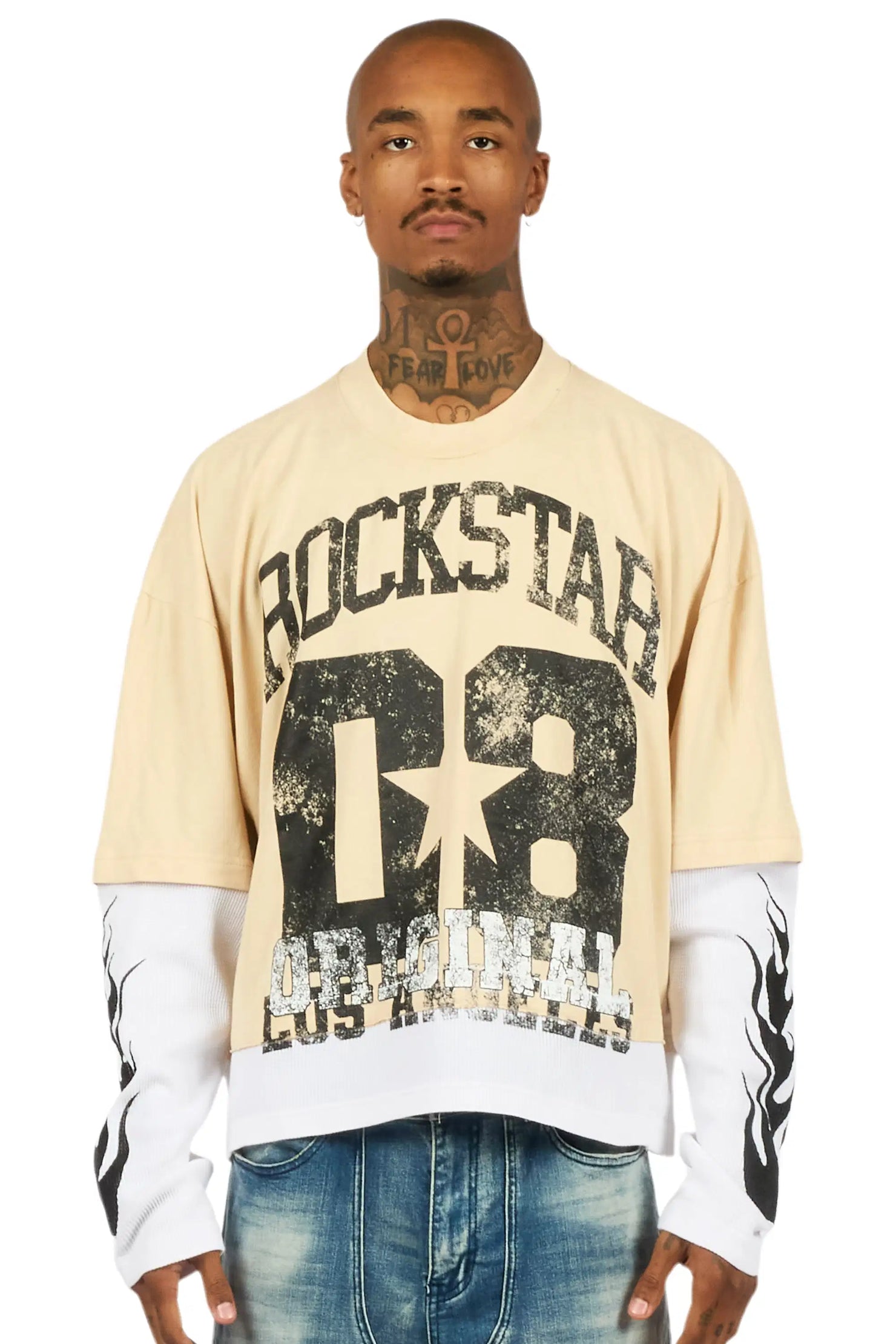 Flamur Beige/Black Double Layer Long Sleeve Graphic T-Shirt