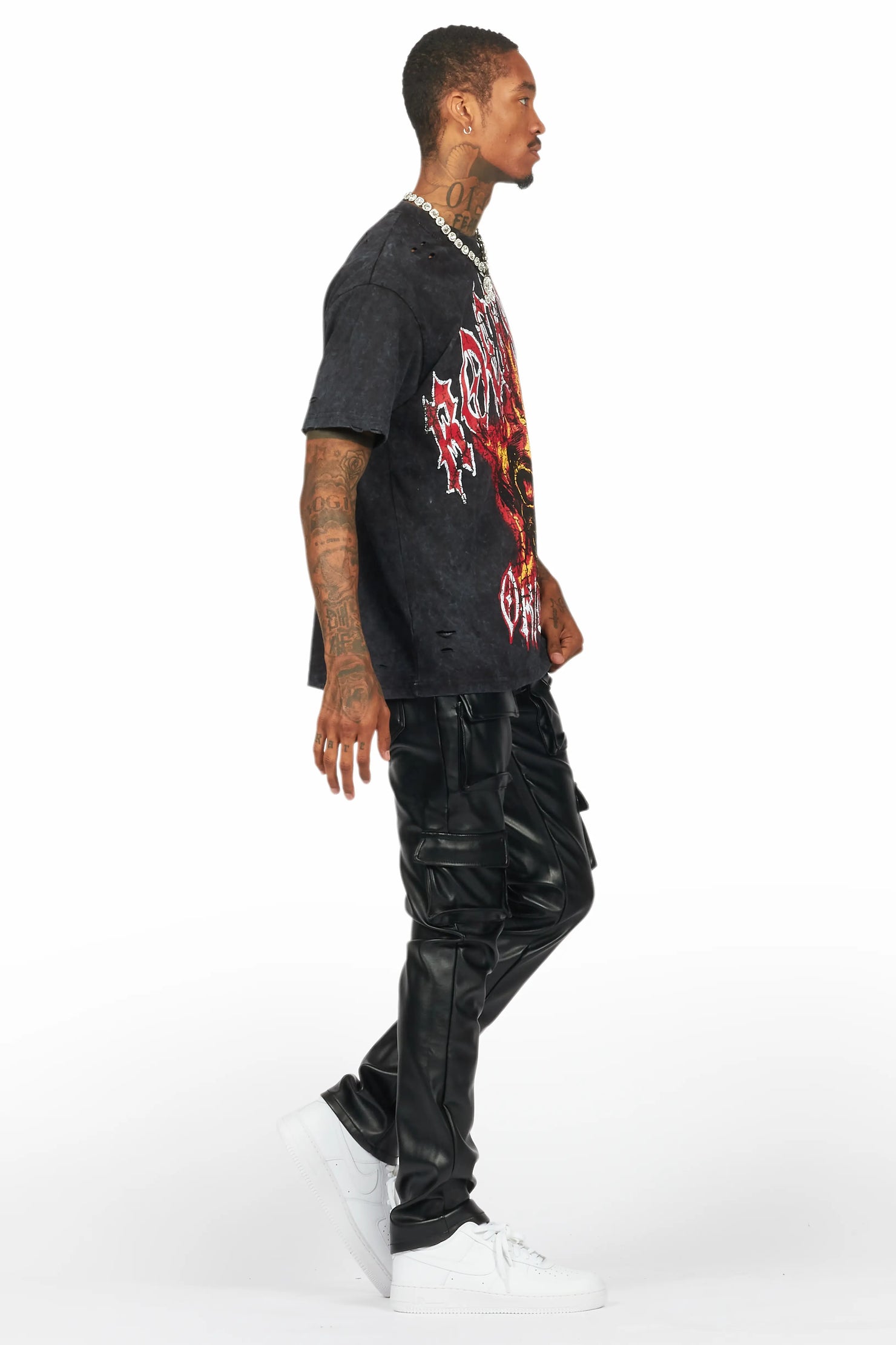 Kap Black Stacked Flare Faux Leather Jean