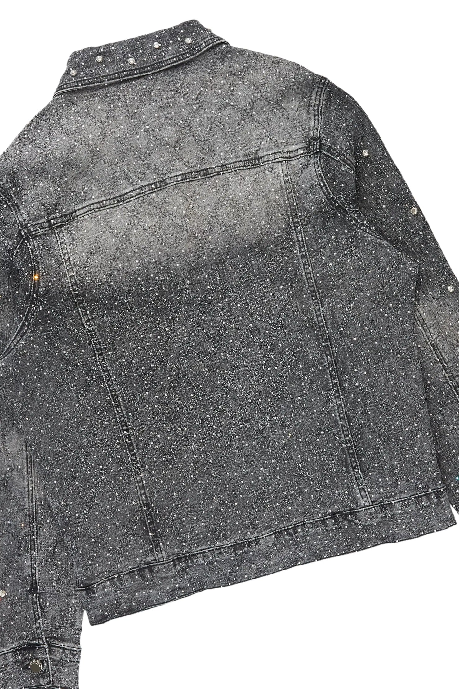 Glit Dark Grey Rhinestone Denim Jacket/Stacked Flare Jean Set