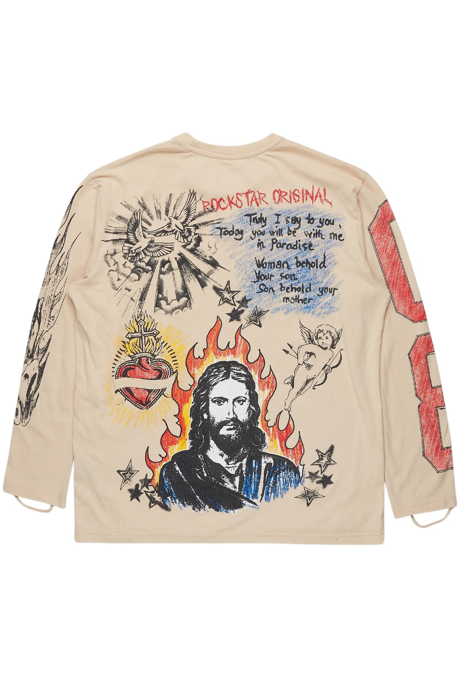 Jesus Crayon Vintage Sand Long Sleeve Graphic T-Shirt