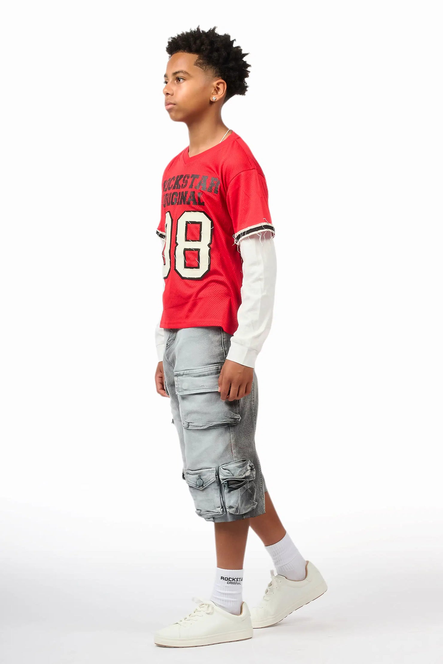 Boys Deston Red/Grey Double Layer T-Shirt/Denim Jort Set