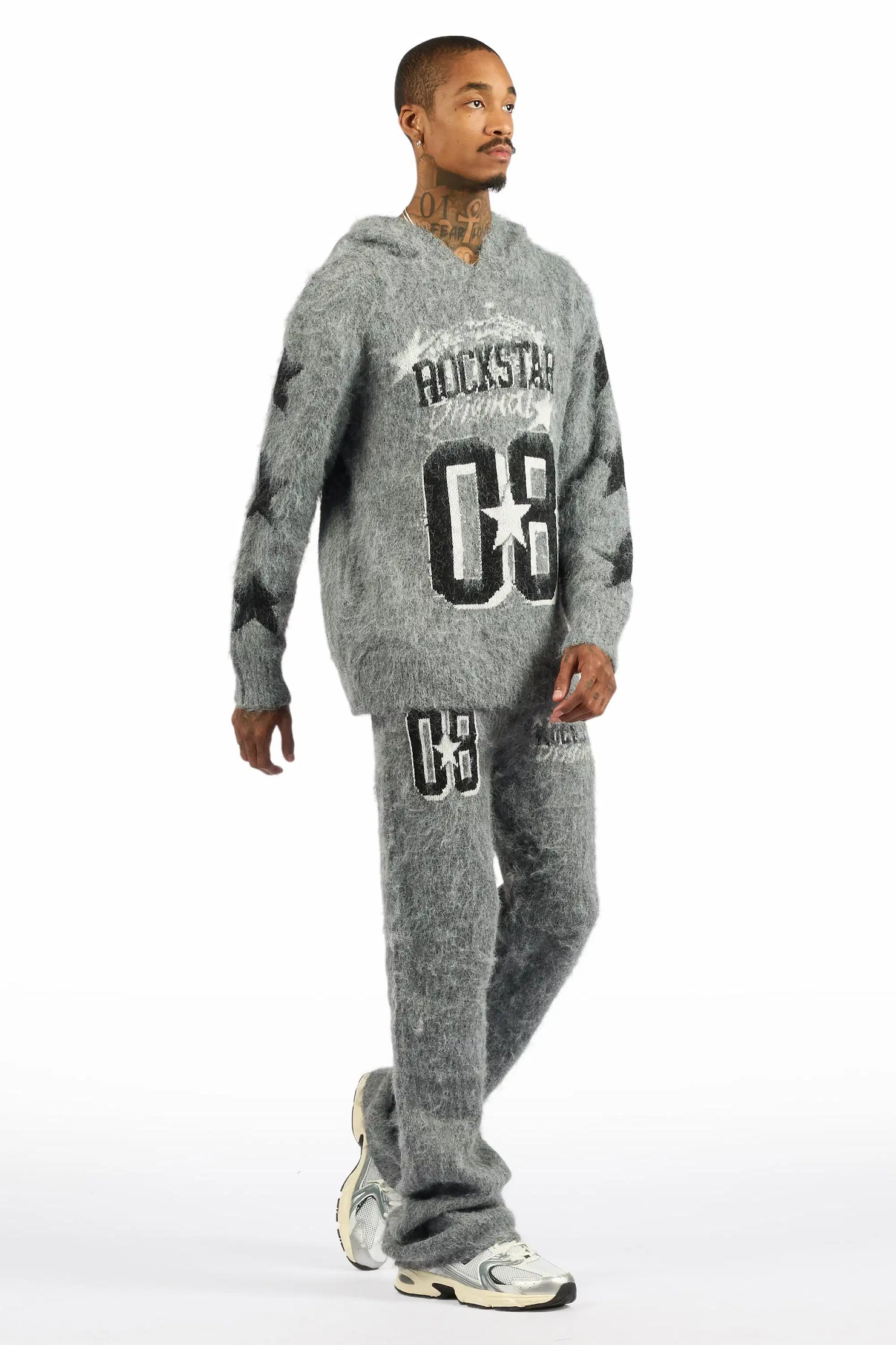 Allstar Grey Hoodie Stacked Flare Knitted Mohair Track Set