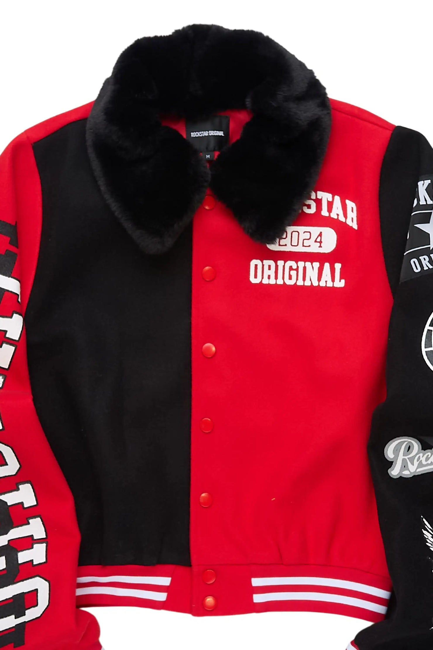 Kisha Black/Red/White Fur Collar Varsity Jacket