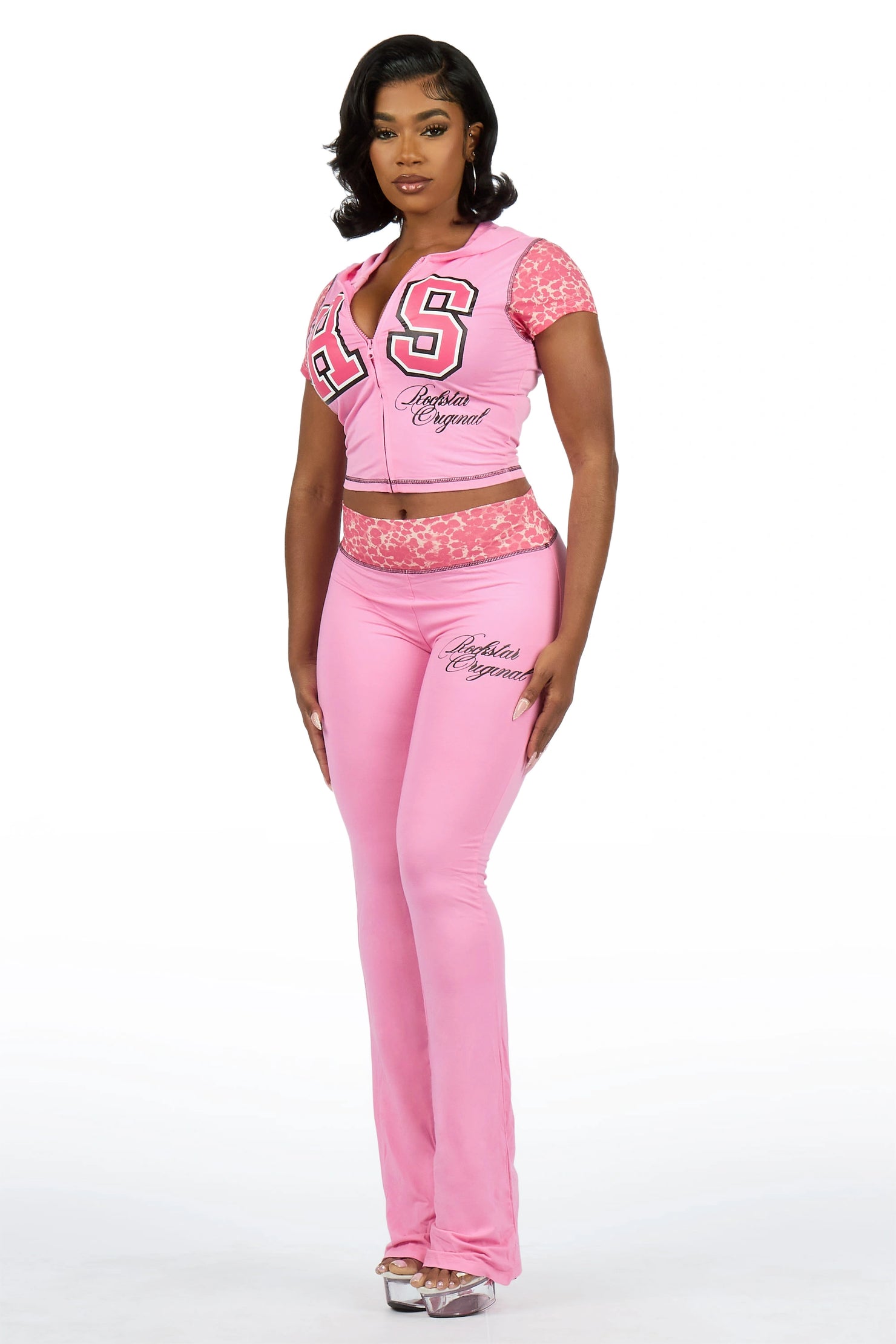 Kateya Pink/Cheetah Short Sleeve Zip Up Track Set