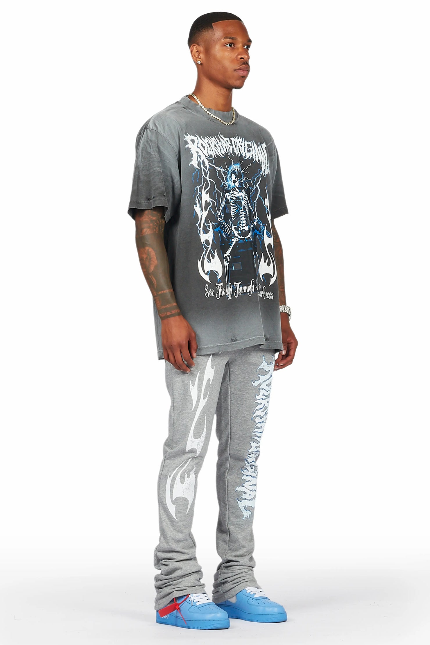 Exodus Charcoal Grey Oversized T-Shirt/Stacked Flare Track Pant Set