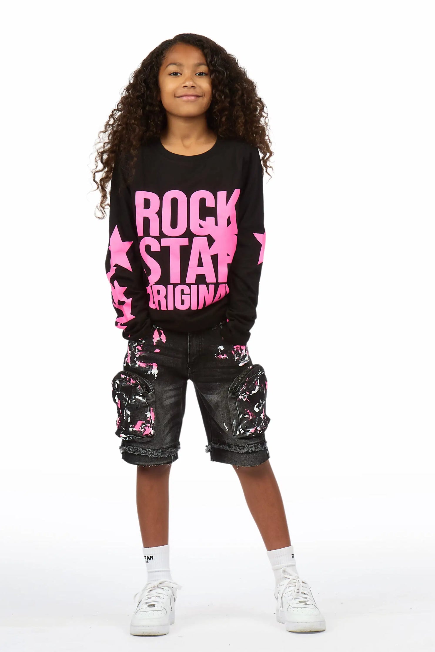 Girls Sechora Black/Dark Grey Long Sleeve T-Shirt Denim Short Set