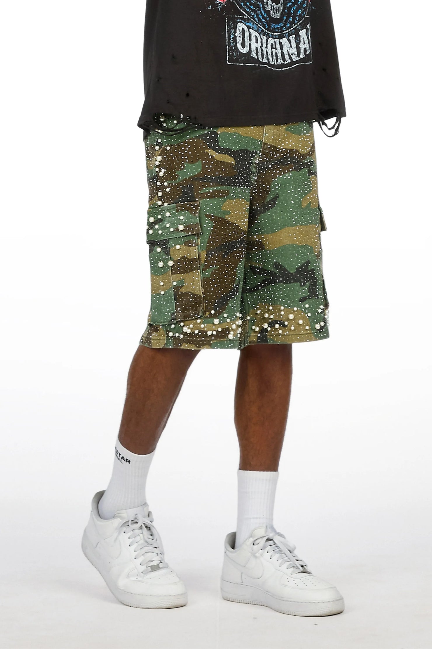 Sevyn Faded Camo Rhinestone Denim Short