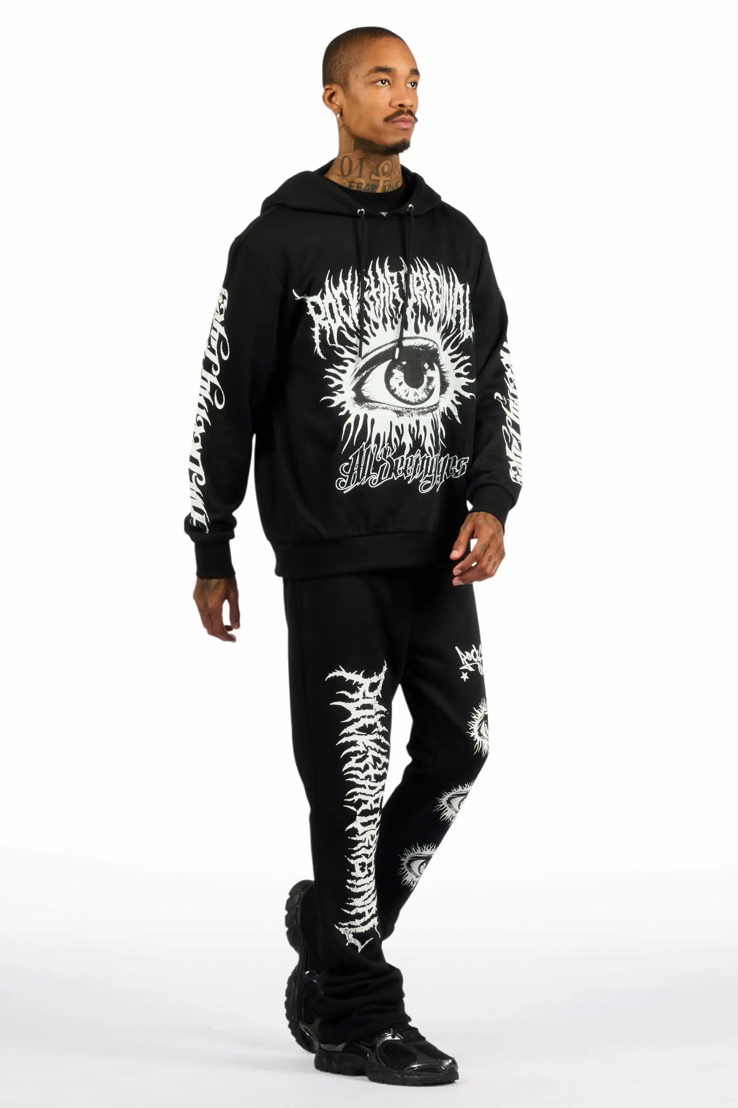 All Seeing Eyes Black Stacked Flare Track Pant Set