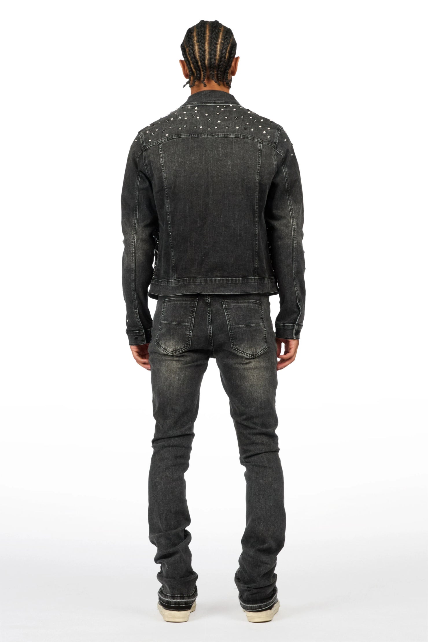 Norris Jet Black Rhinestone Denim Jacket/Stacked Flare Jean Set