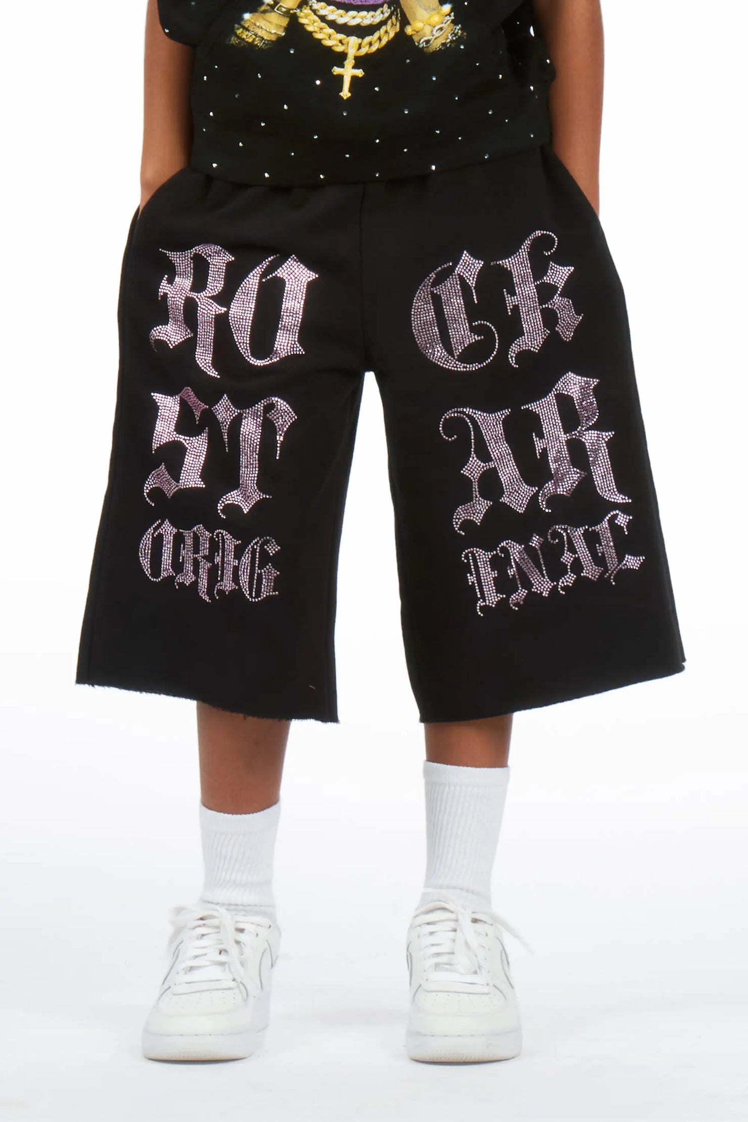 Girls Teiara Black Rhinestone Track Short