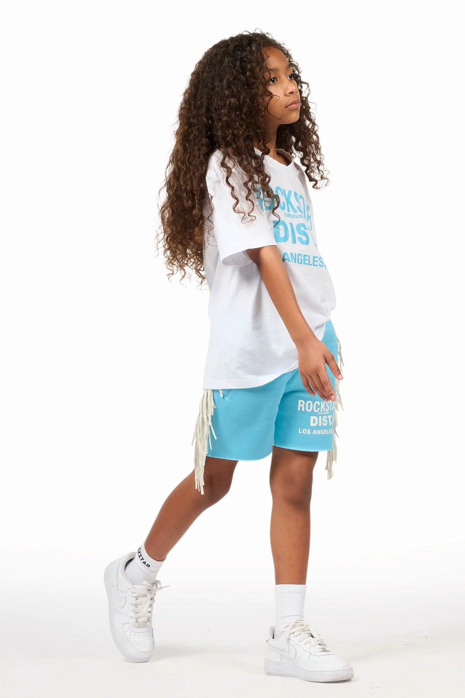 Girls Kendra White/Light Blue Graphic T-Shirt/Fringe Short Set
