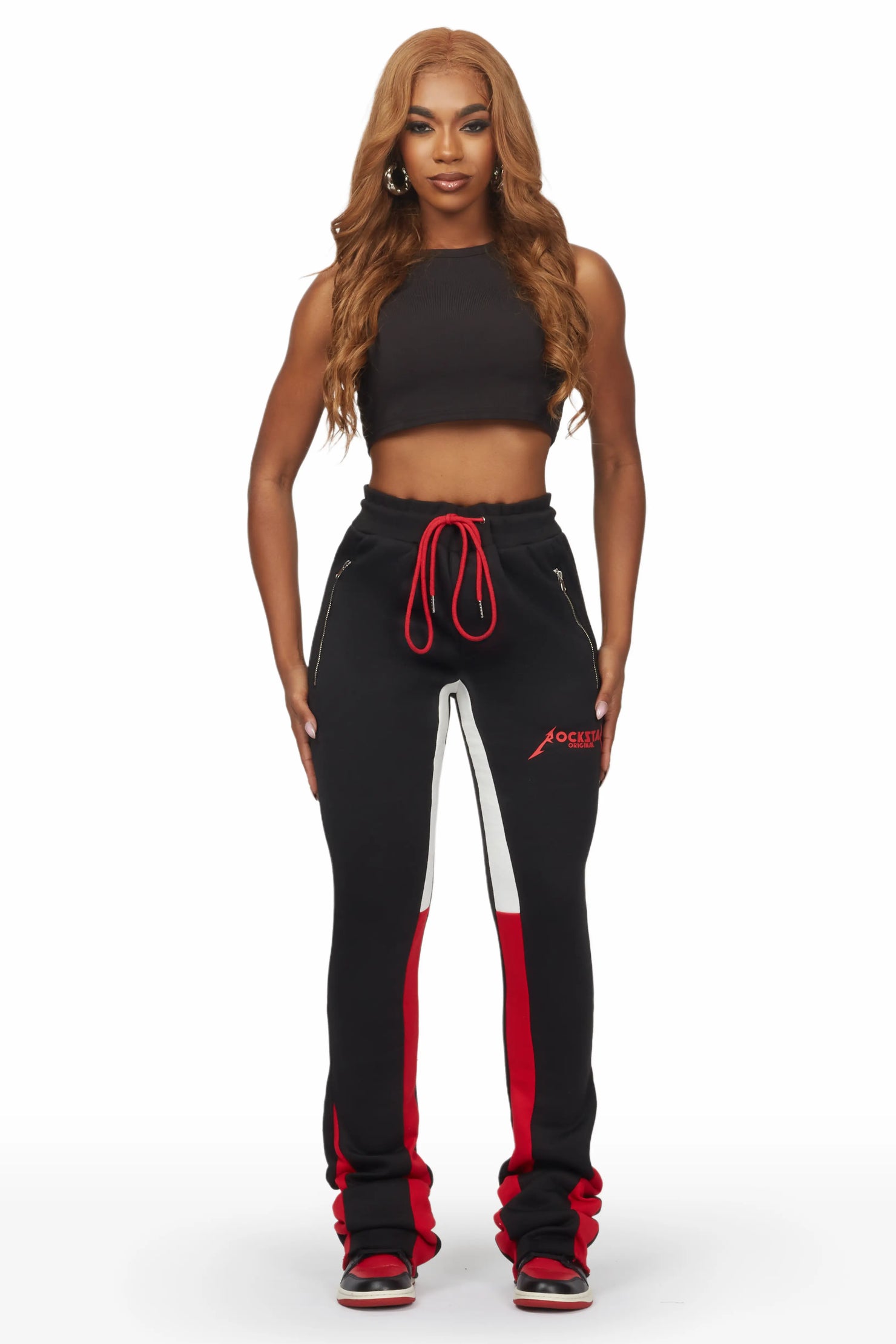 Emery Black Stacked Flare Track Pant