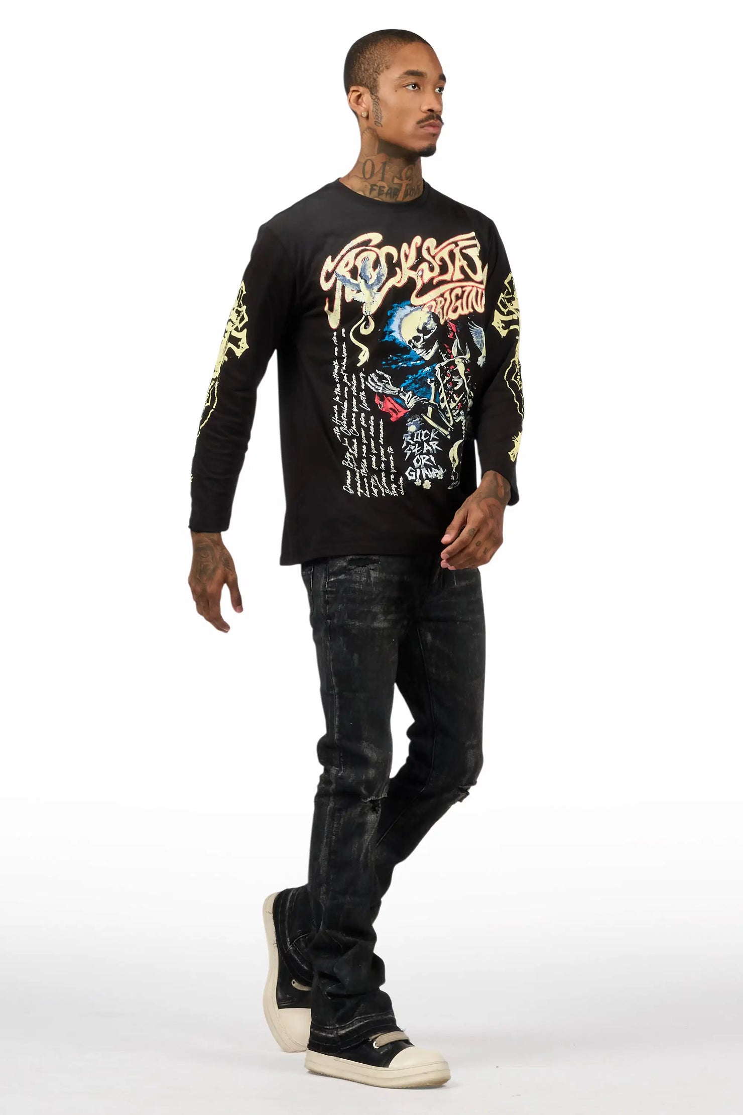 Danby Black Long Sleeve & Inkspill Grey Oil Wash Stacked Flare Jean Bundle