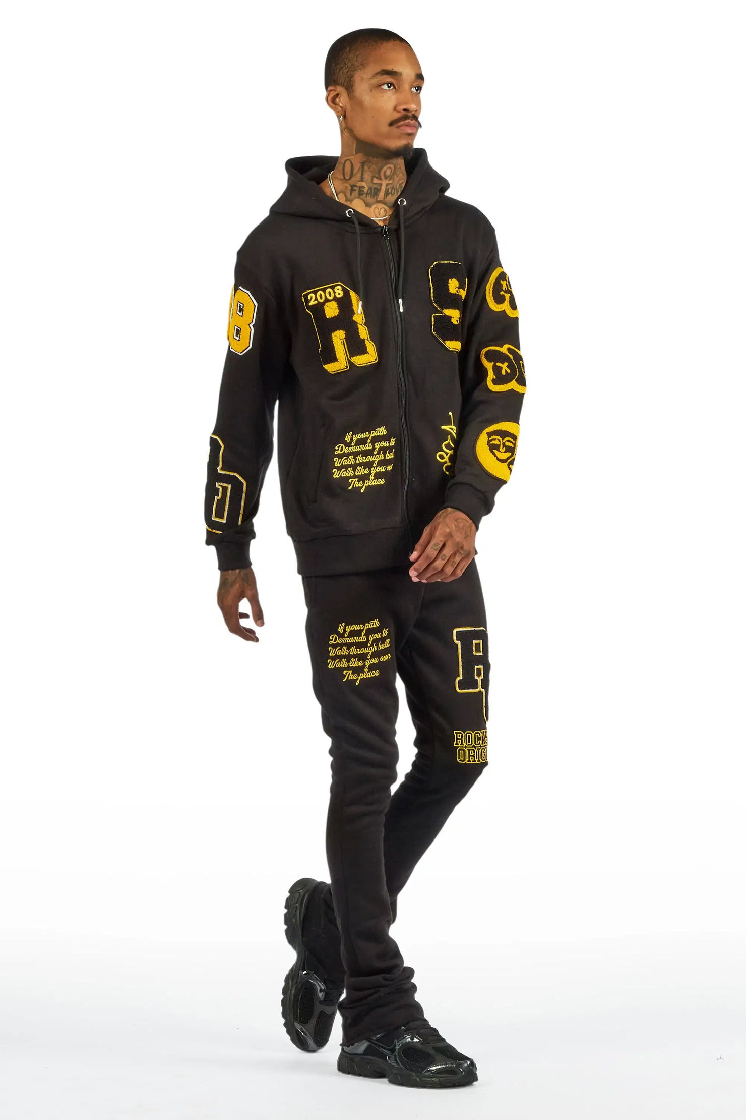 Leslaw Black Zip Up Hoodie Stacked Track Set