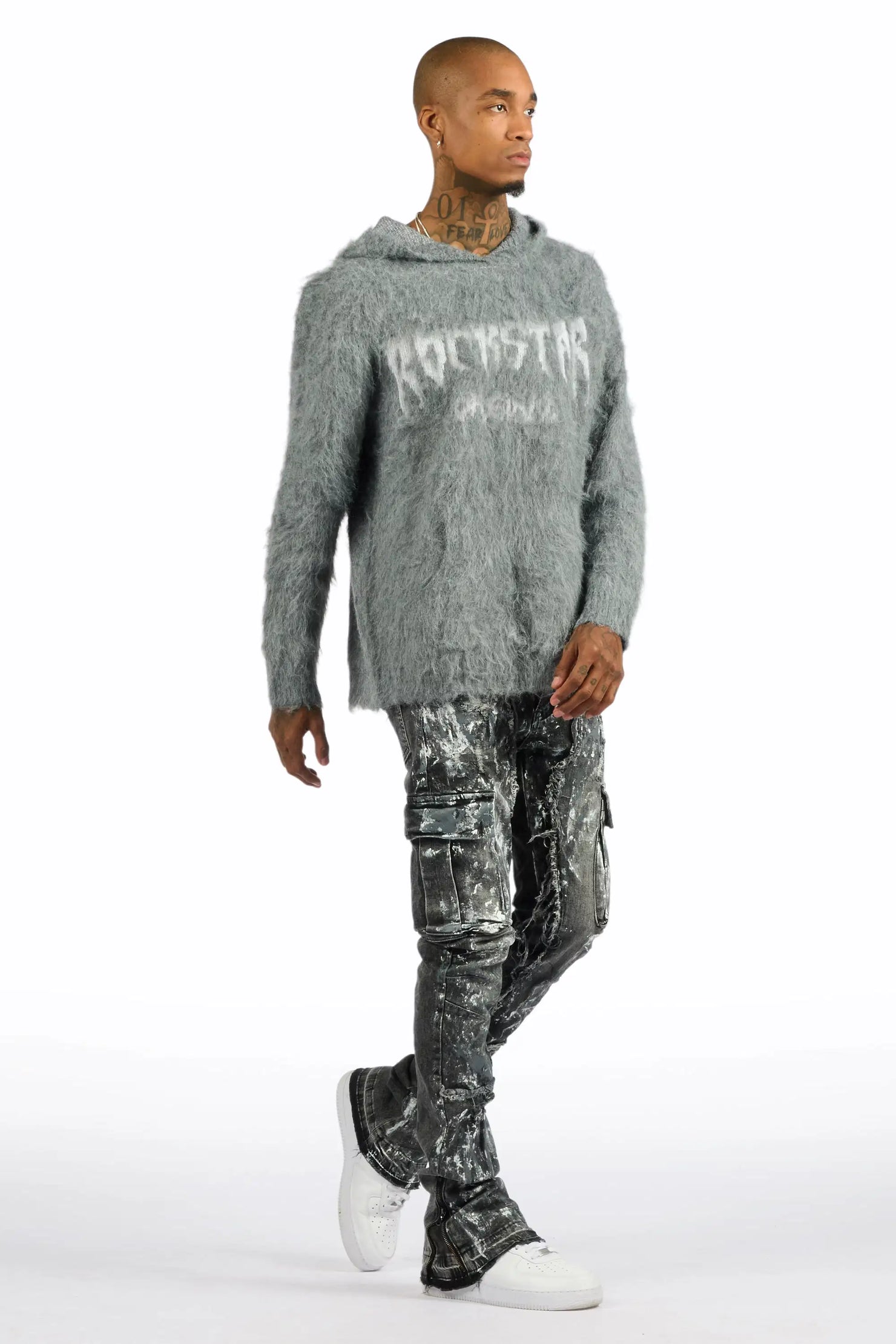 Andros Grey/Dark Grey Mohair Hoodie/Stacked Flare Jean Set