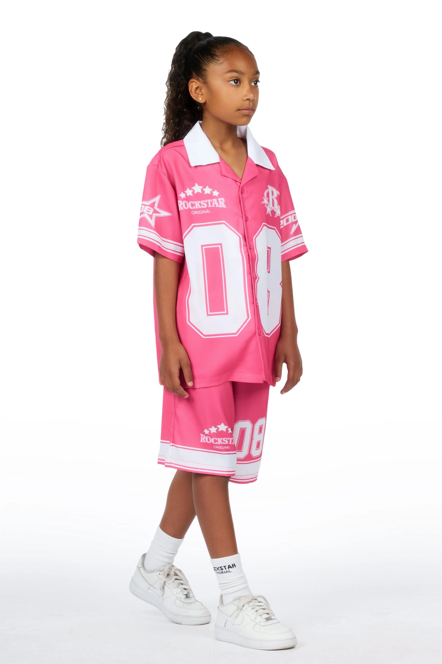 Girls Tinna Pink Button Down T-Shirt Short Set