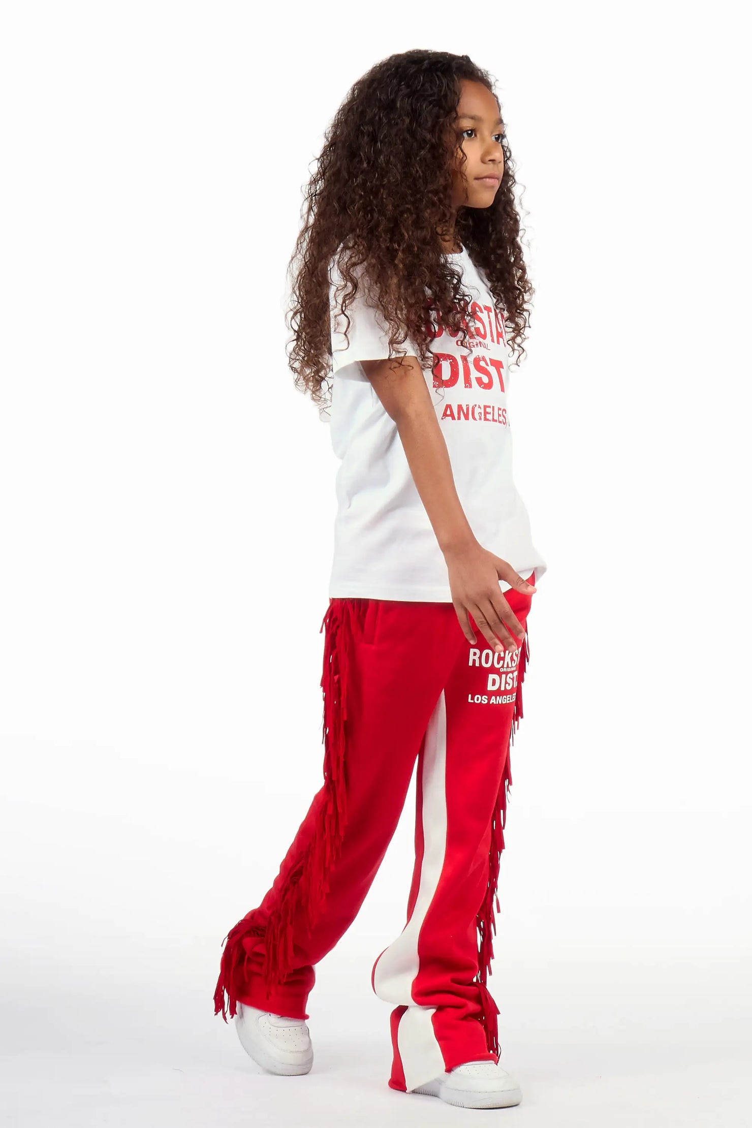 Girls Jannyk White/Red T-Shirt/Fringe Stacked Pant Set