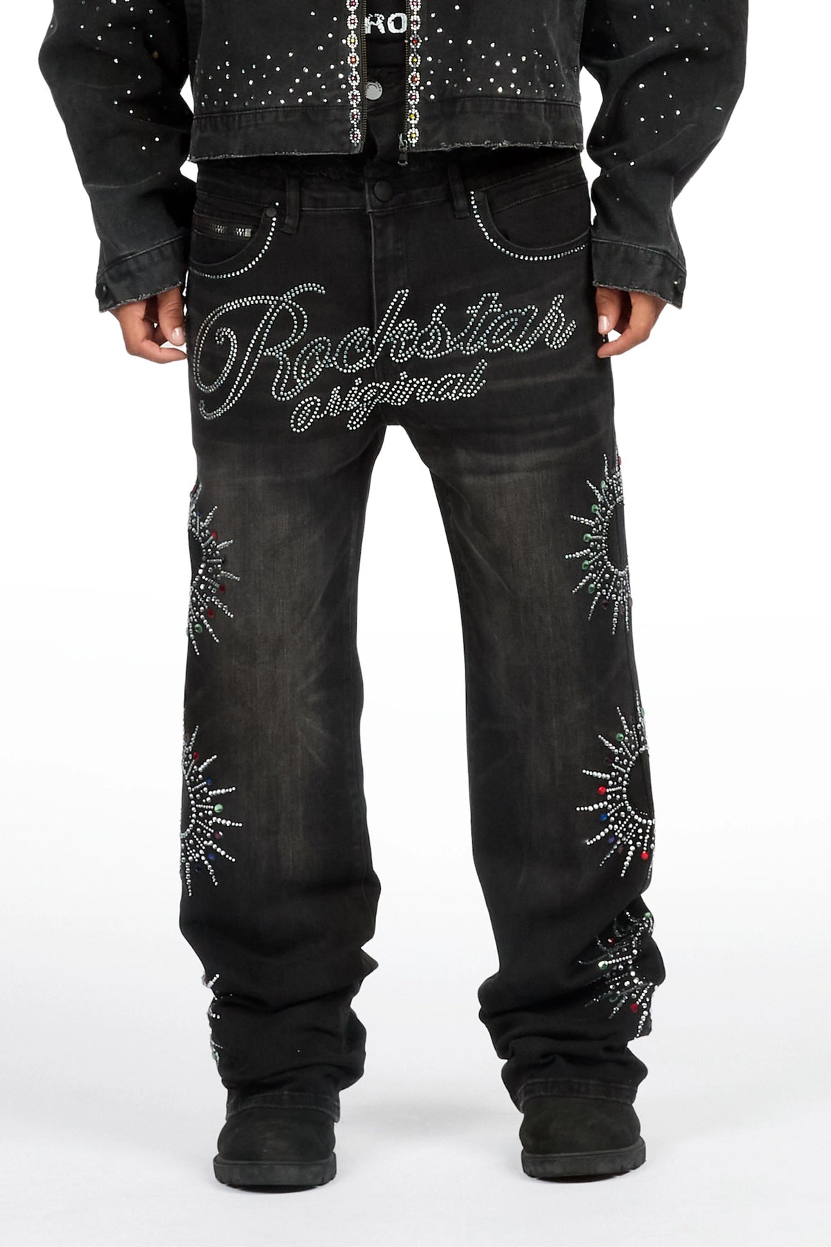 Silo Black Rhinestone Double Waisted Baggy Fit Jean