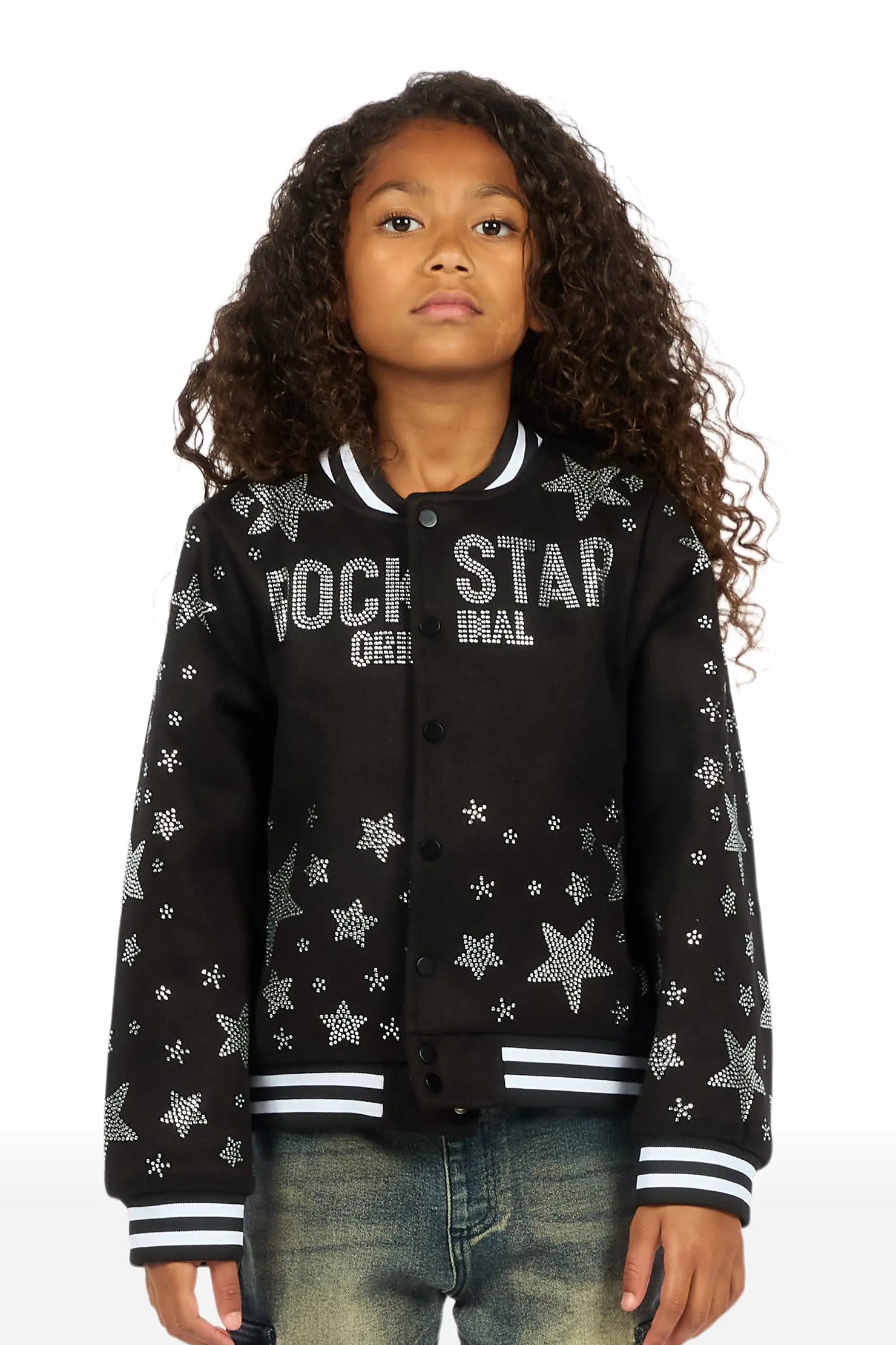 Girls Shanda Black Crop Varsity Jacket