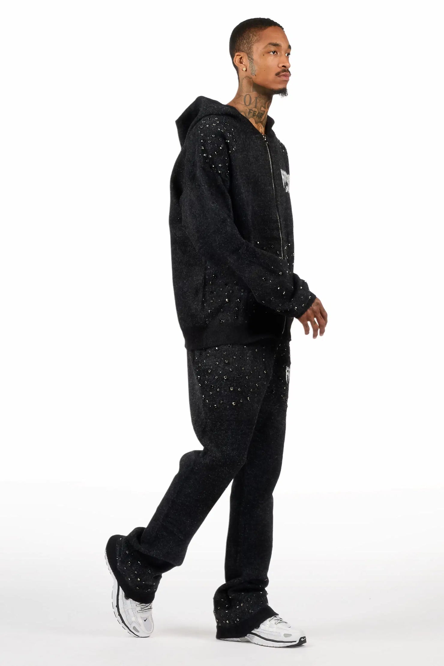 Lapiz Black Rhinestone Mohair Knit Stacked Flare Track Set