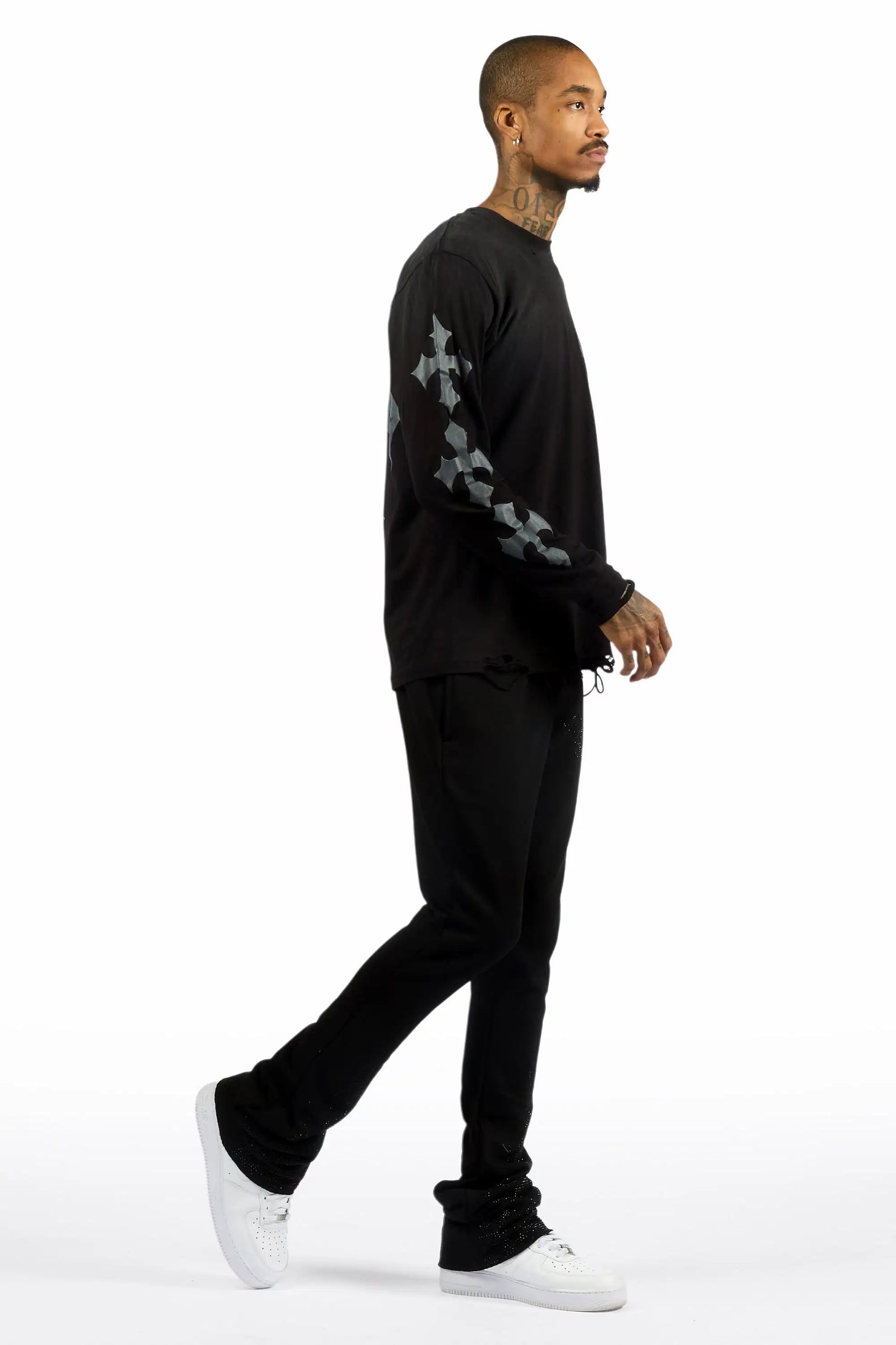 Pyrel Black/Black Rhinestone Stacked Flare Pant