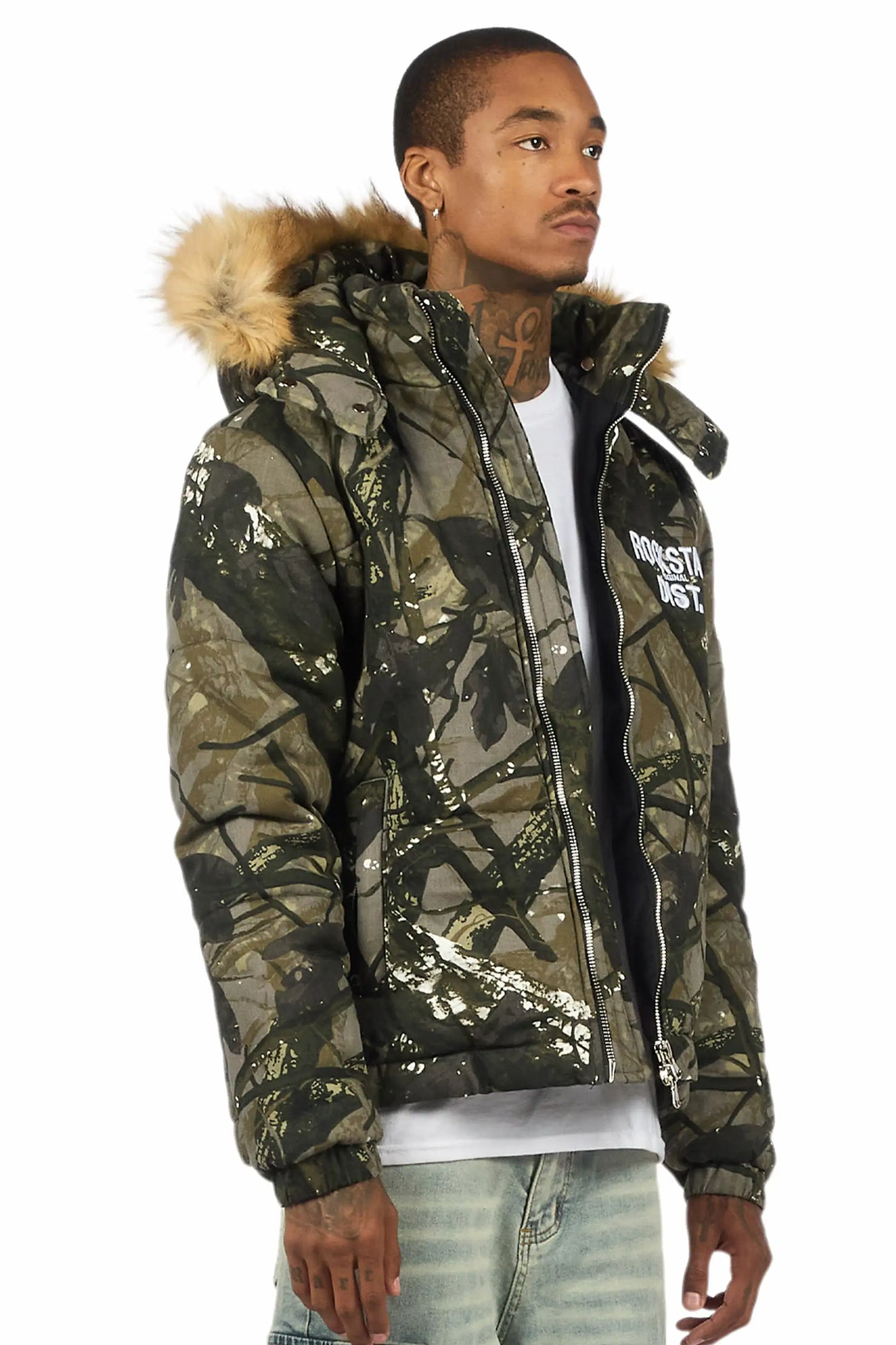 Bevis Camo Puffer Jacket With Faux Fur Hood