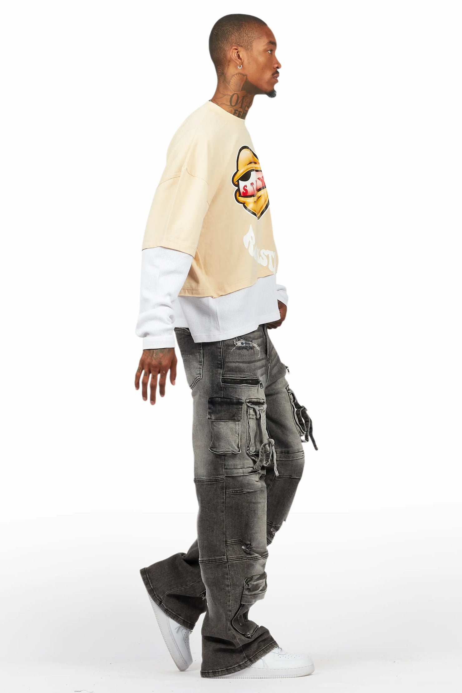 Highya Vintage Sand Thermal Double Layer Boxy Crop T-Shirt