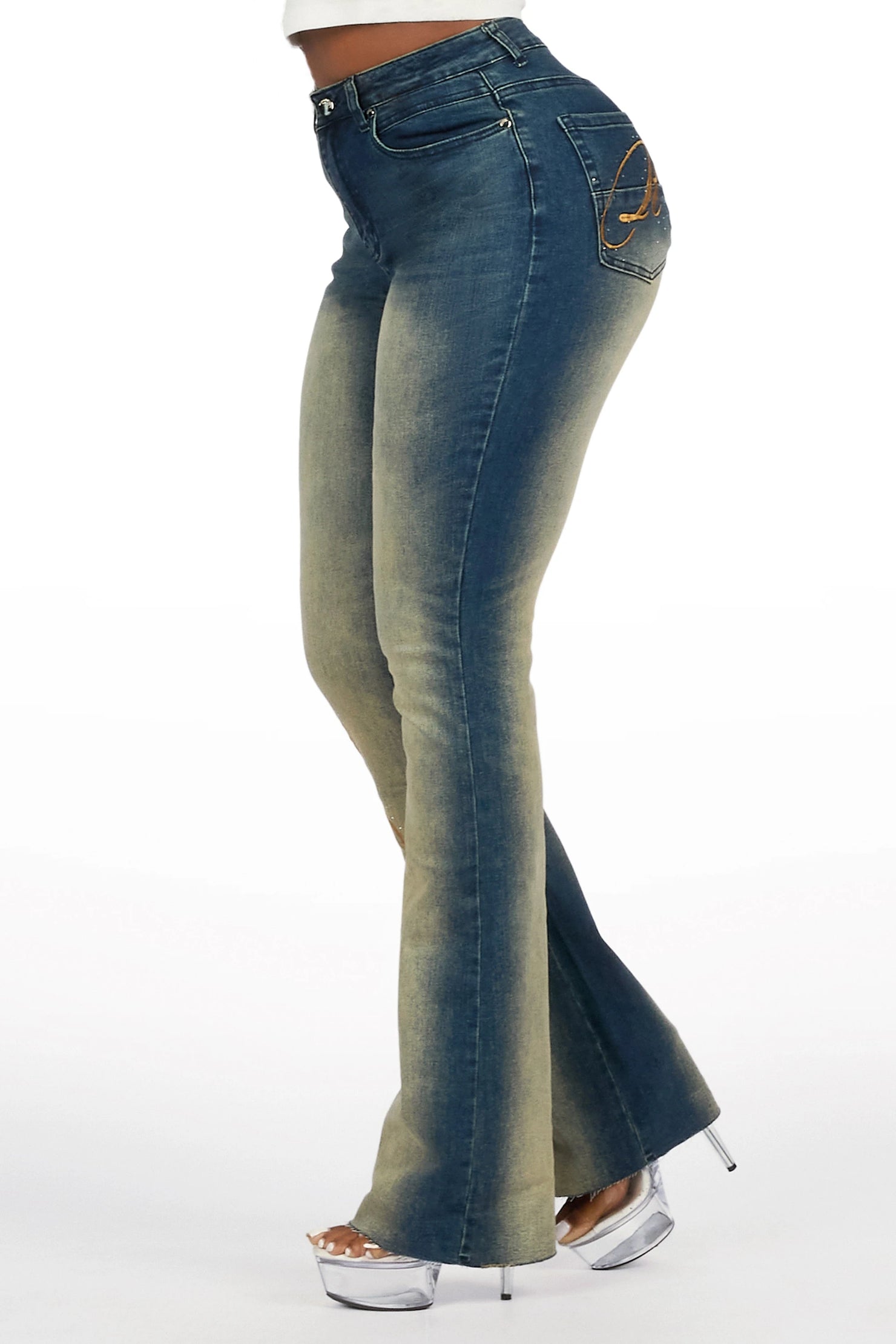 Calisa Tint Rhinestone Stacked Flare Jean
