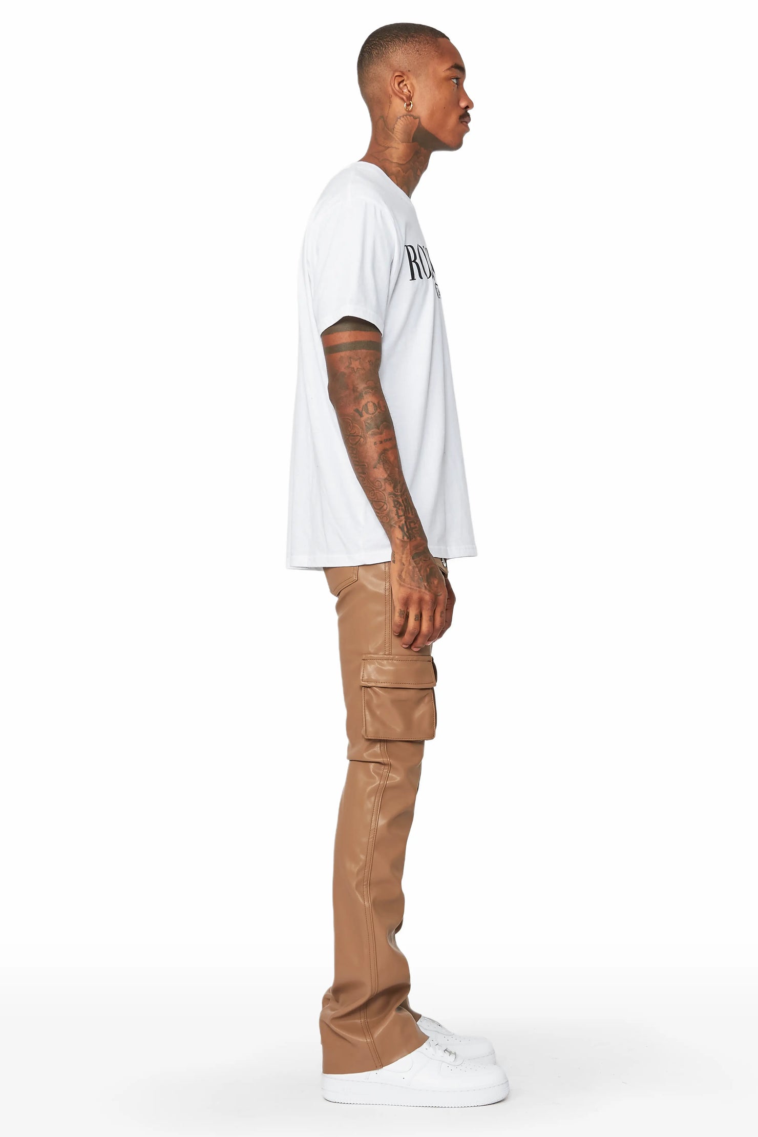 Khaza Tan Faux Leather Stacked Flare Jean