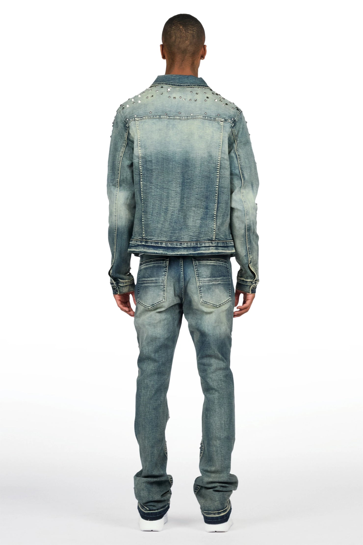 Norris Dark Blue Rhinestone Denim Jacket/Stacked Flare Jean Set