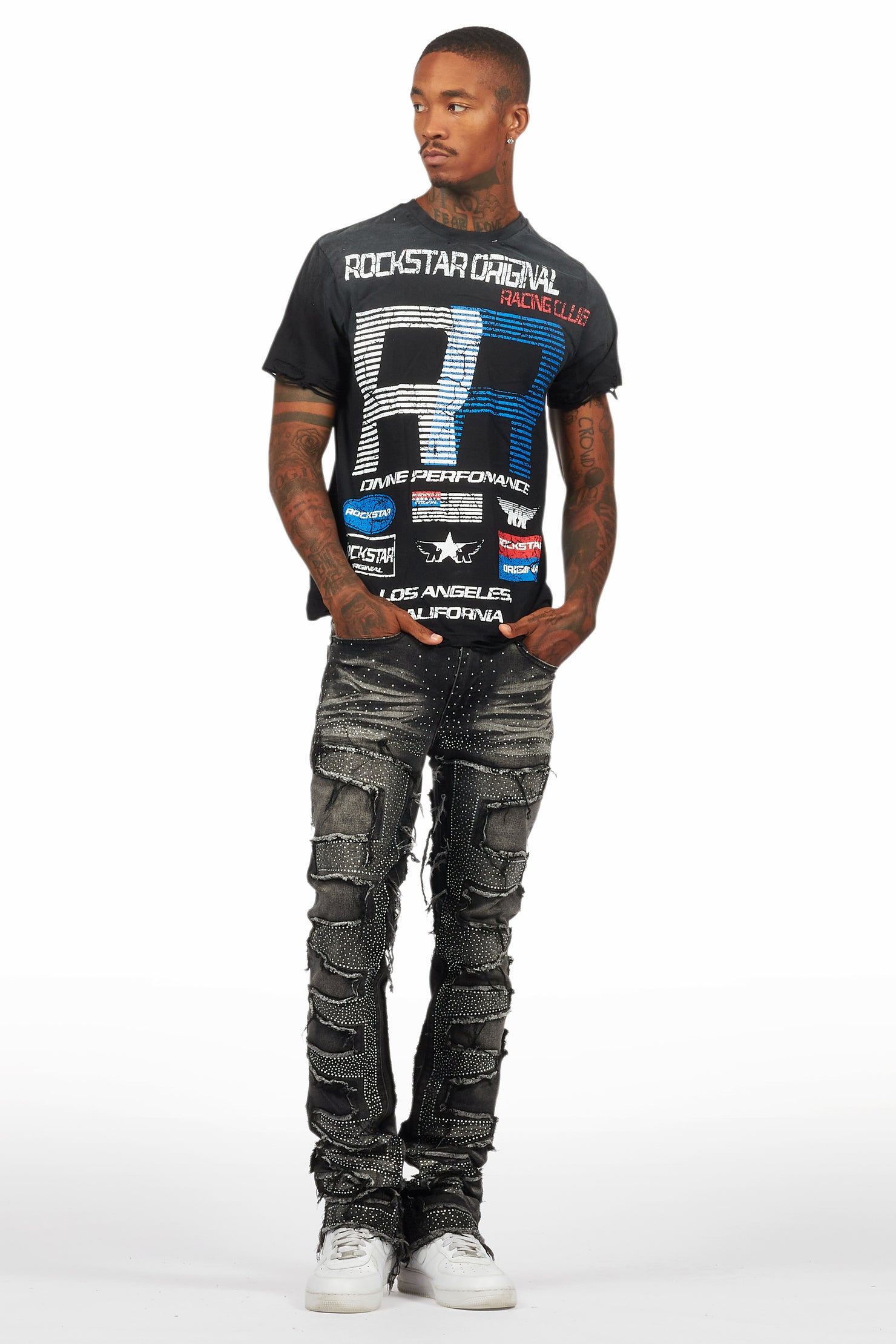 Shake Dark Grey Rhinestone Stacked Flare Jean