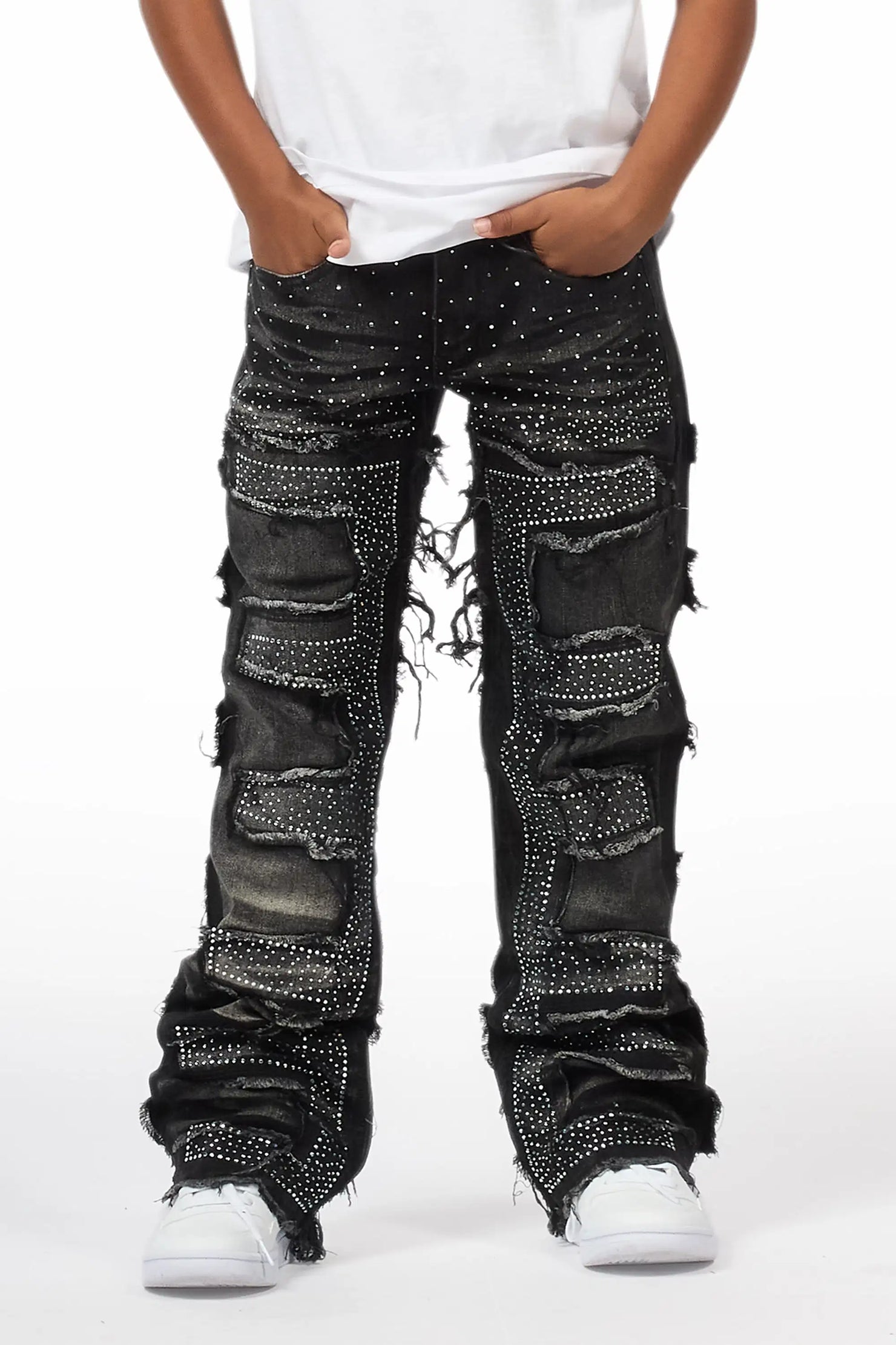 Boys Shake Dark Grey Rhinestone Stacked Flare Jean