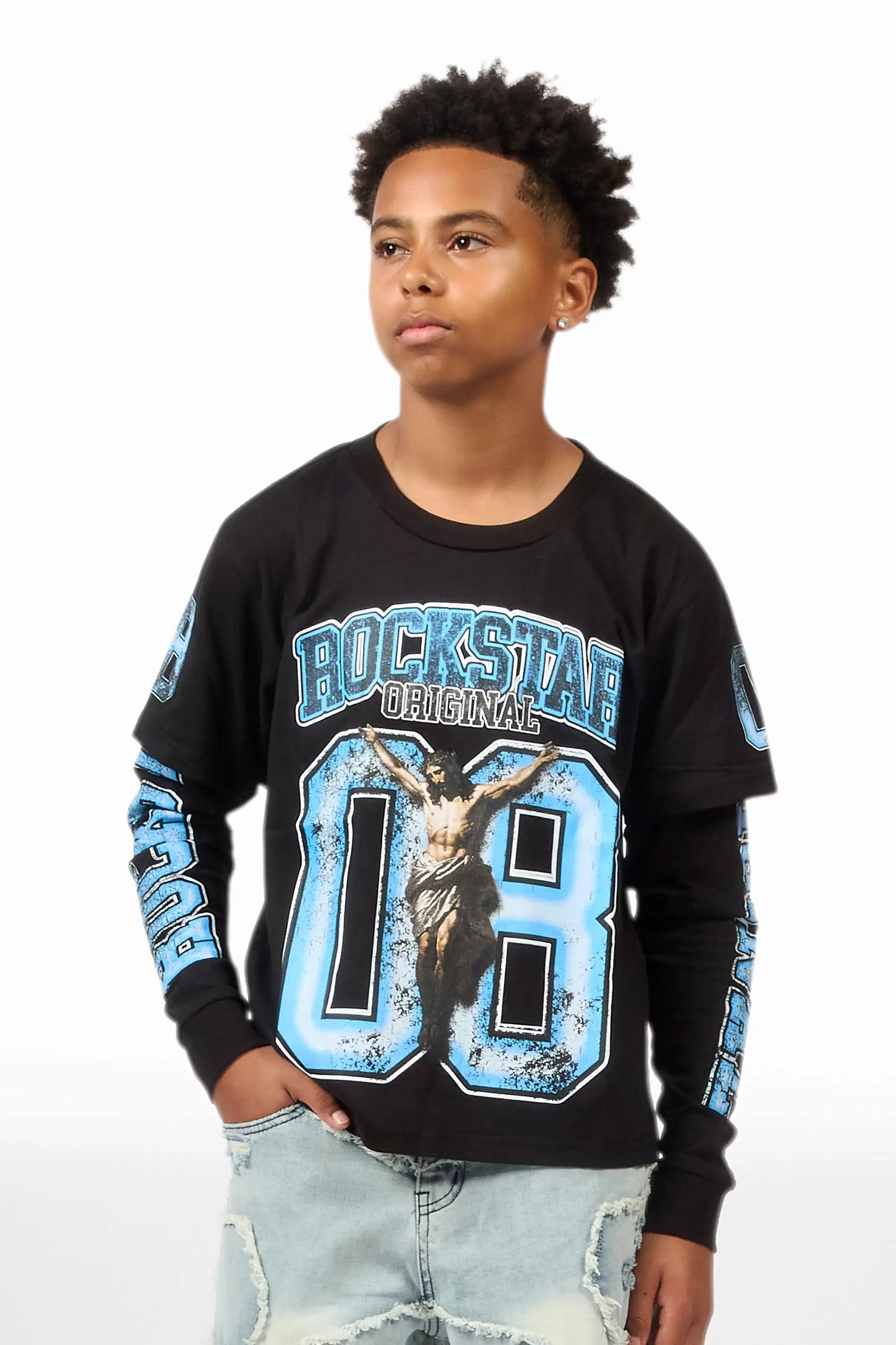 Boys Fields Black/Blue Double Layer L/S Graphic T-Shirt