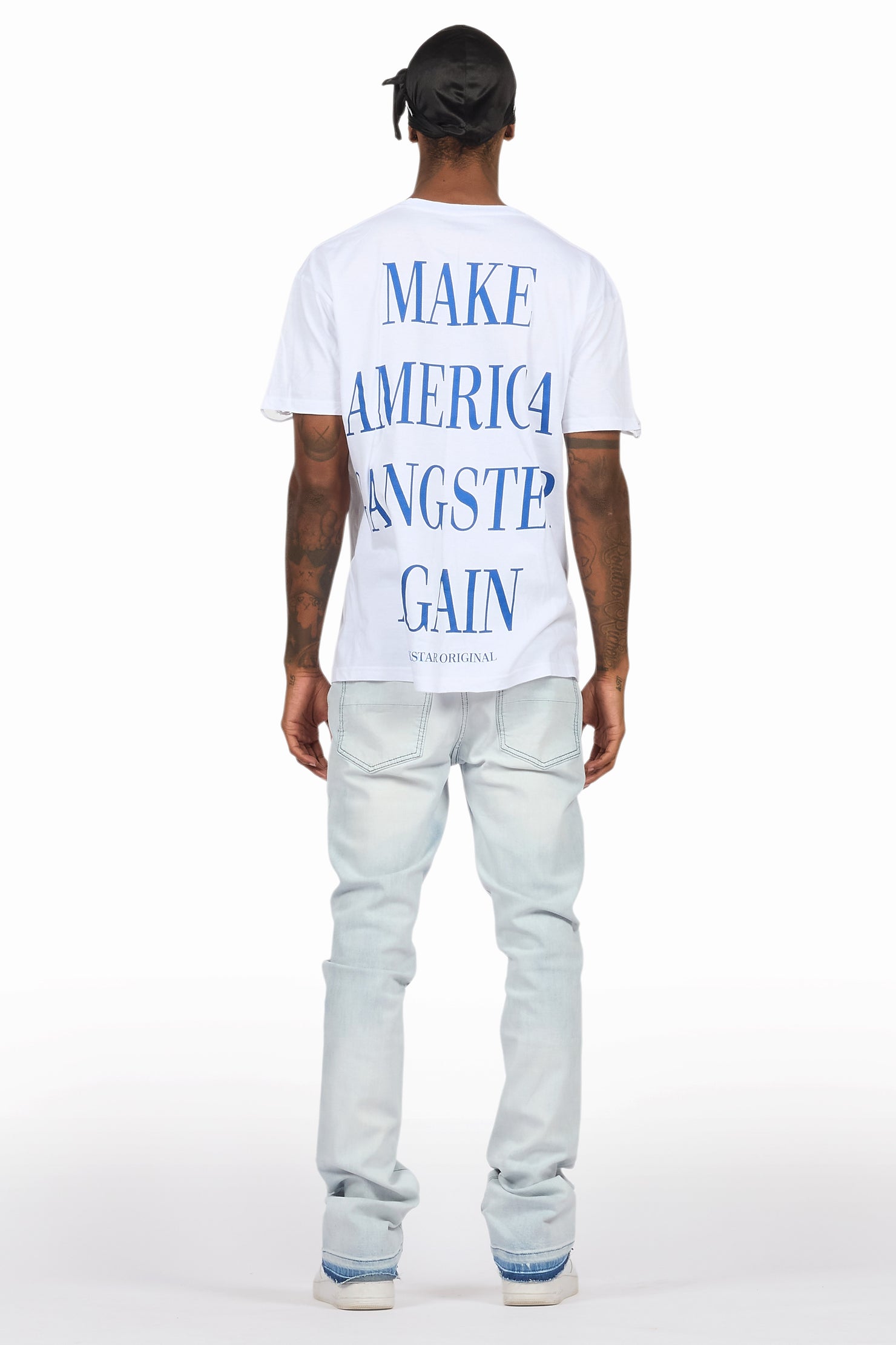 Drako White/Blue Oversized Graphic T-Shirt/Dag Stacked Flare Jean Set