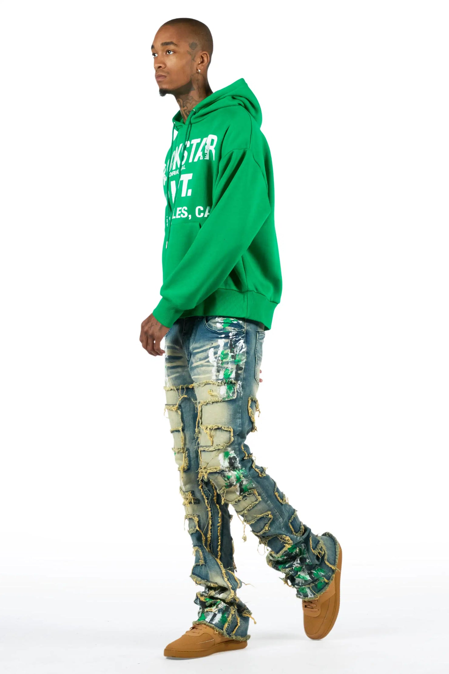 Saxon Green/Blue Hoodie/Stacked Flare Jean Set