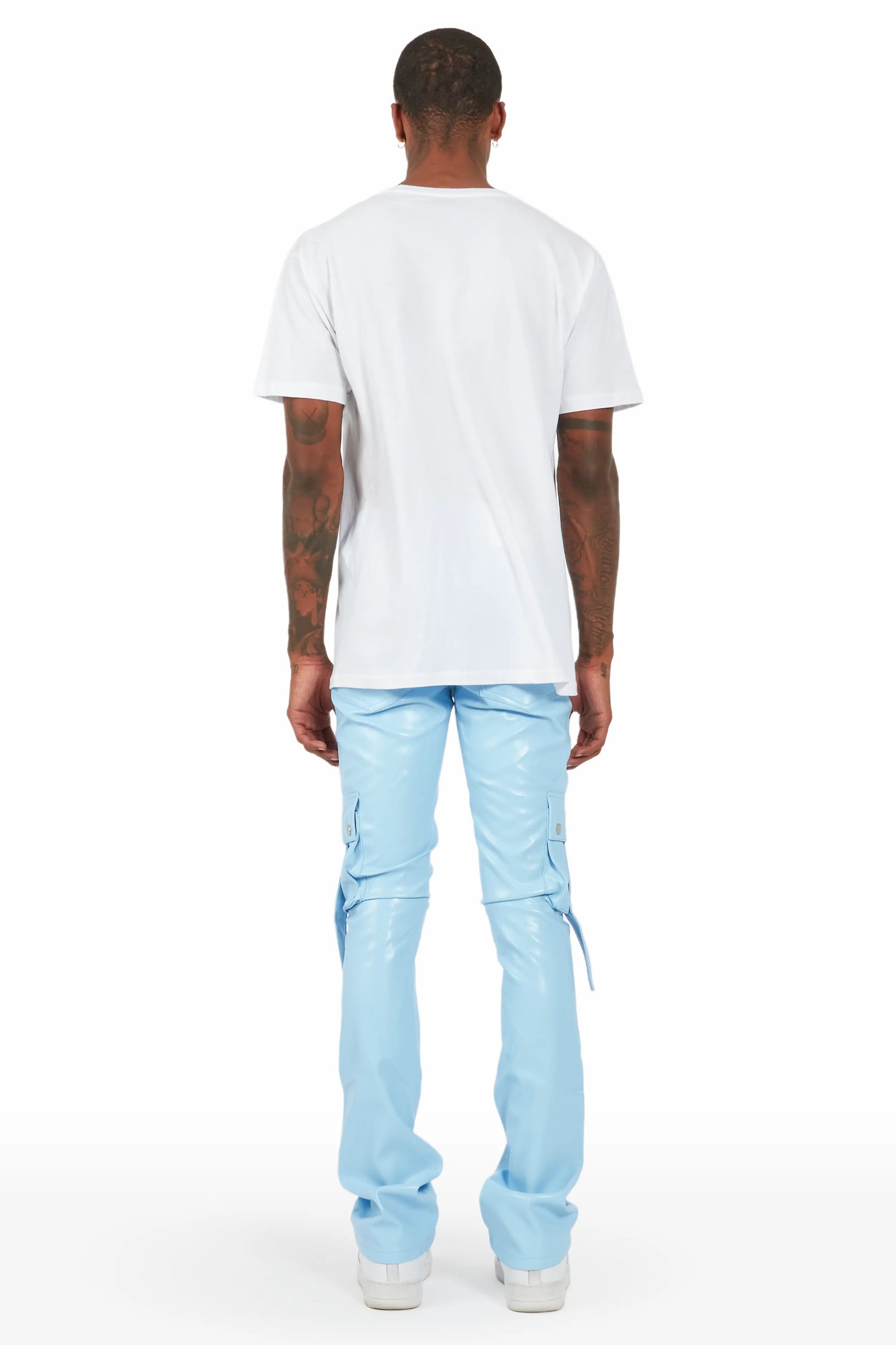 Errol Baby Blue Faux Leather Stacked Cargo Jean