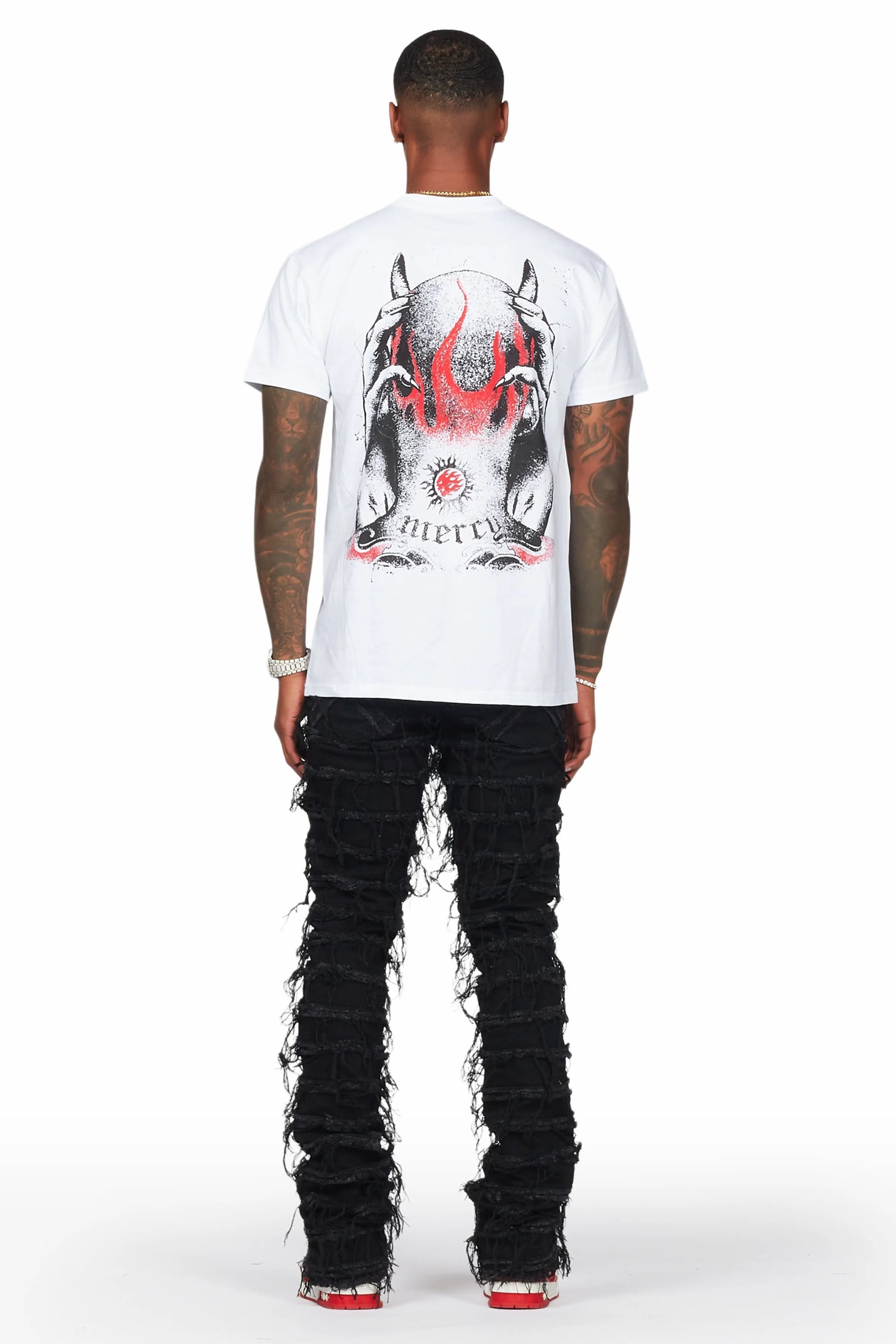 Mercy White T-Shirt & Ayan Black Stacked Flare Jean