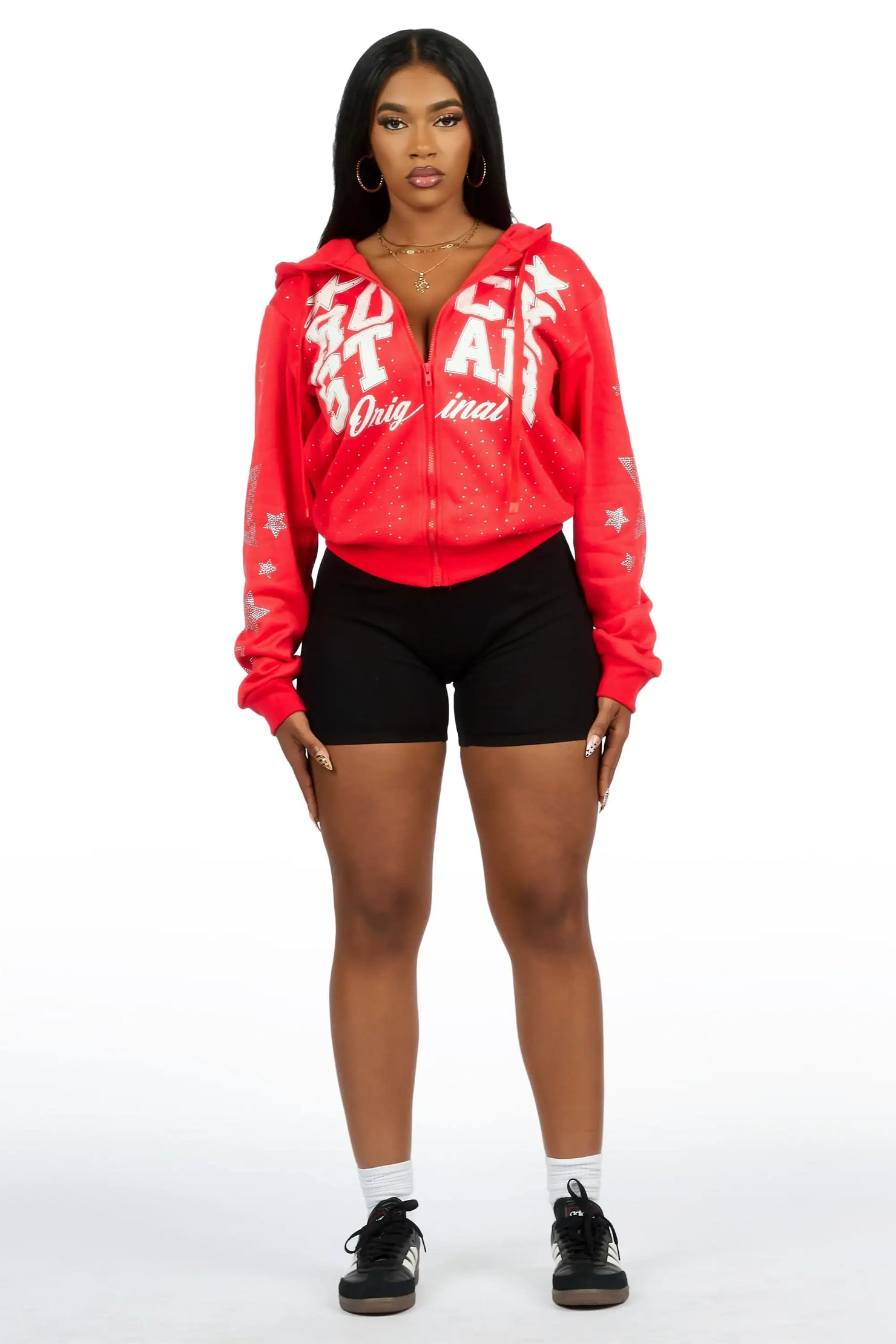 Flaveya Red Rhinestone Zip Up Hoodie