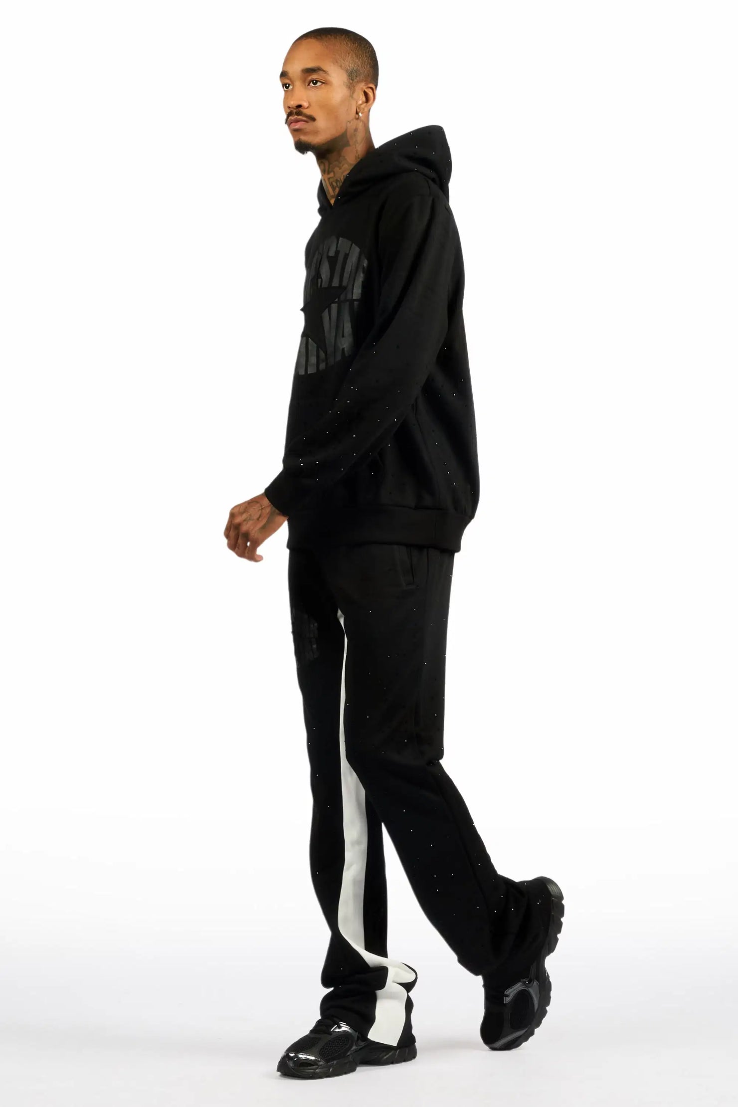 States Black Rhinestone Hoodie Stacked Flare Track Set