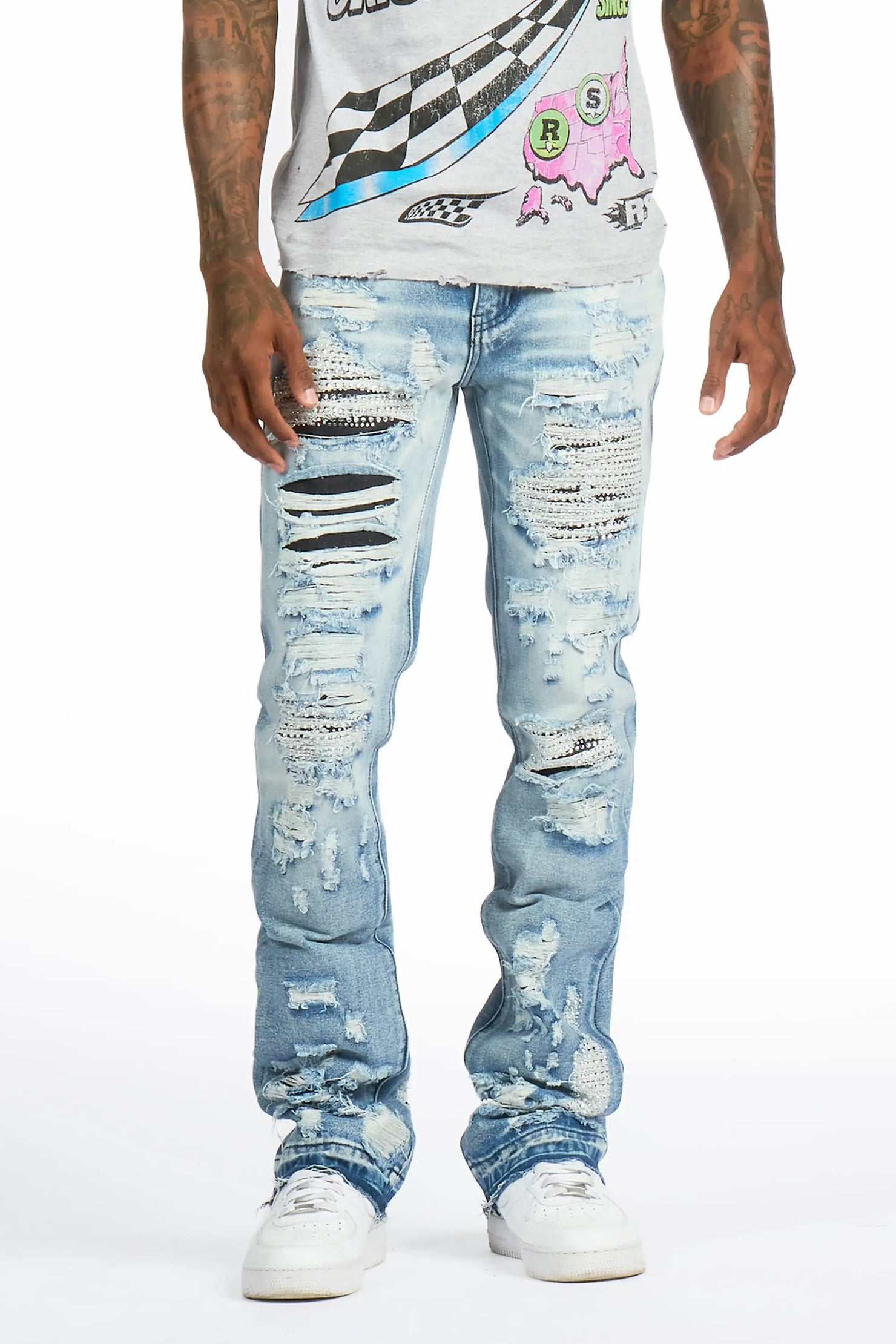 Mathey Light Blue Rhinestone Stacked Fit Jean