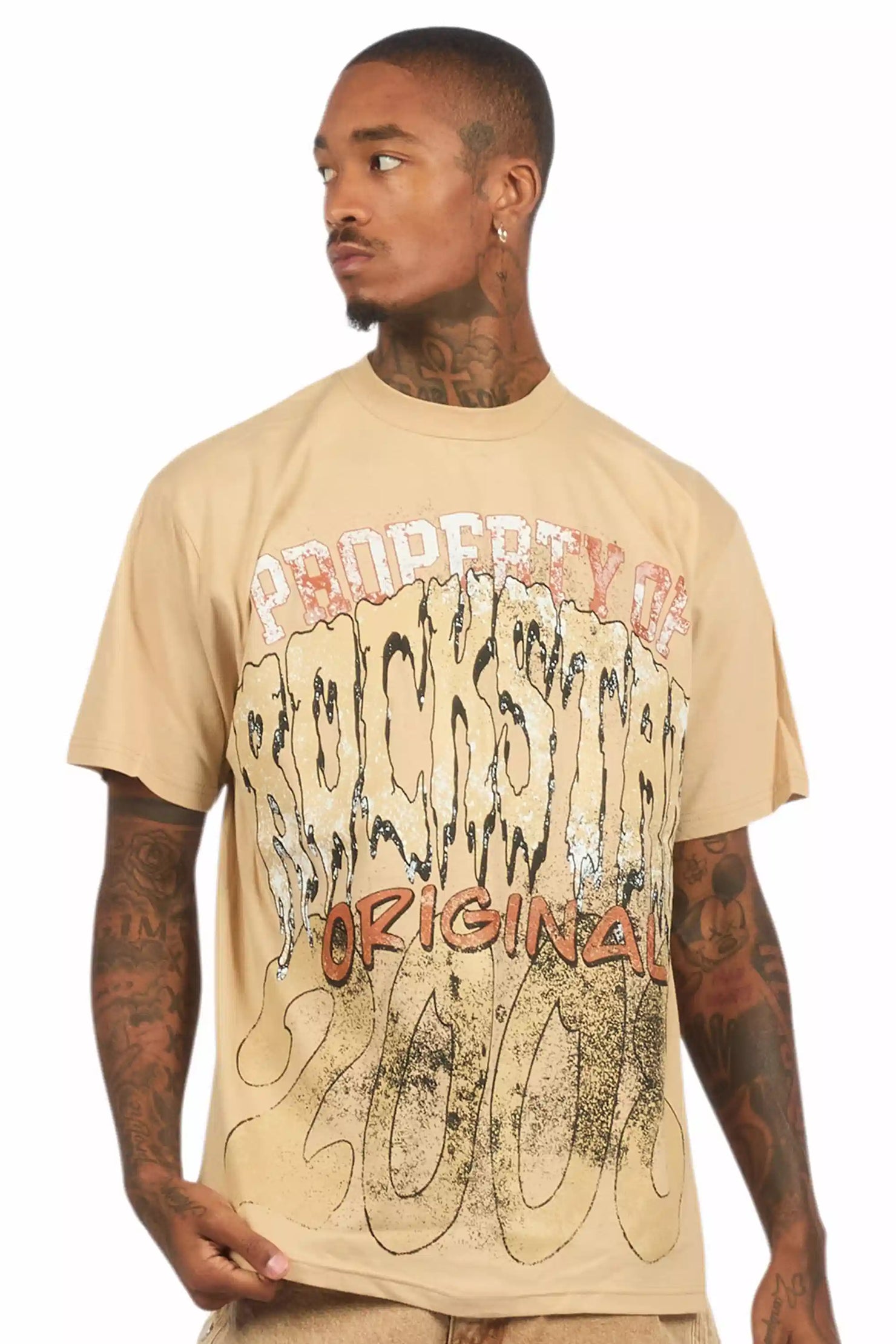 Raezion Beige/Brown Oversized Graphic T-Shirt