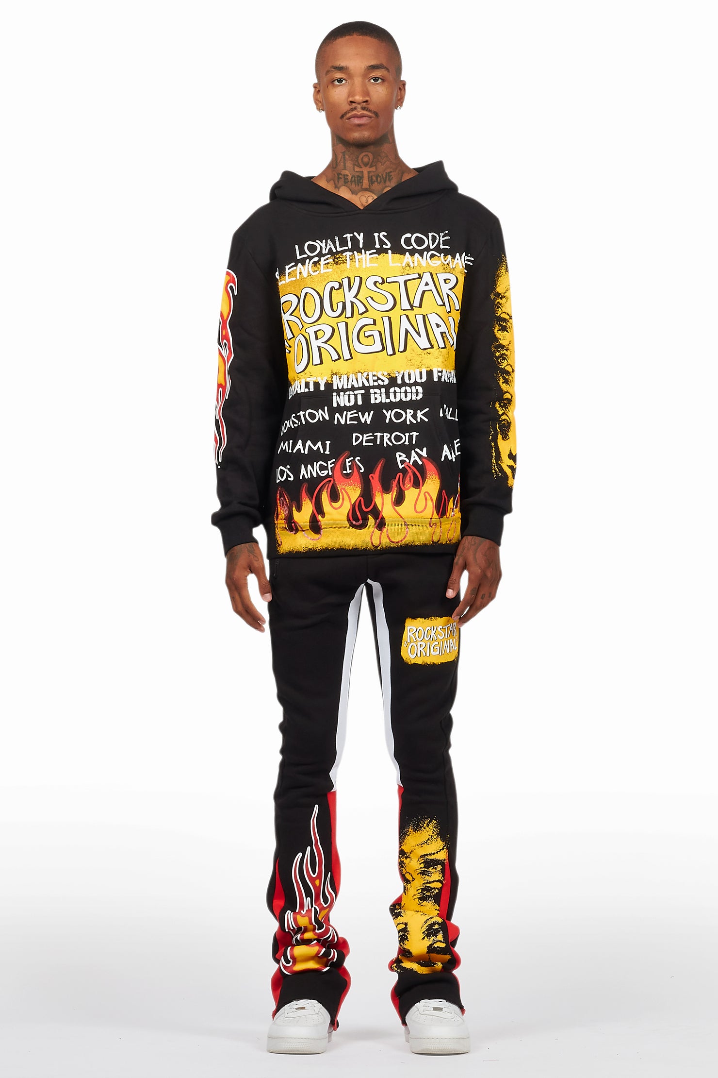 Beno Black/Yellow Stacked Flare Hoodie Track Set