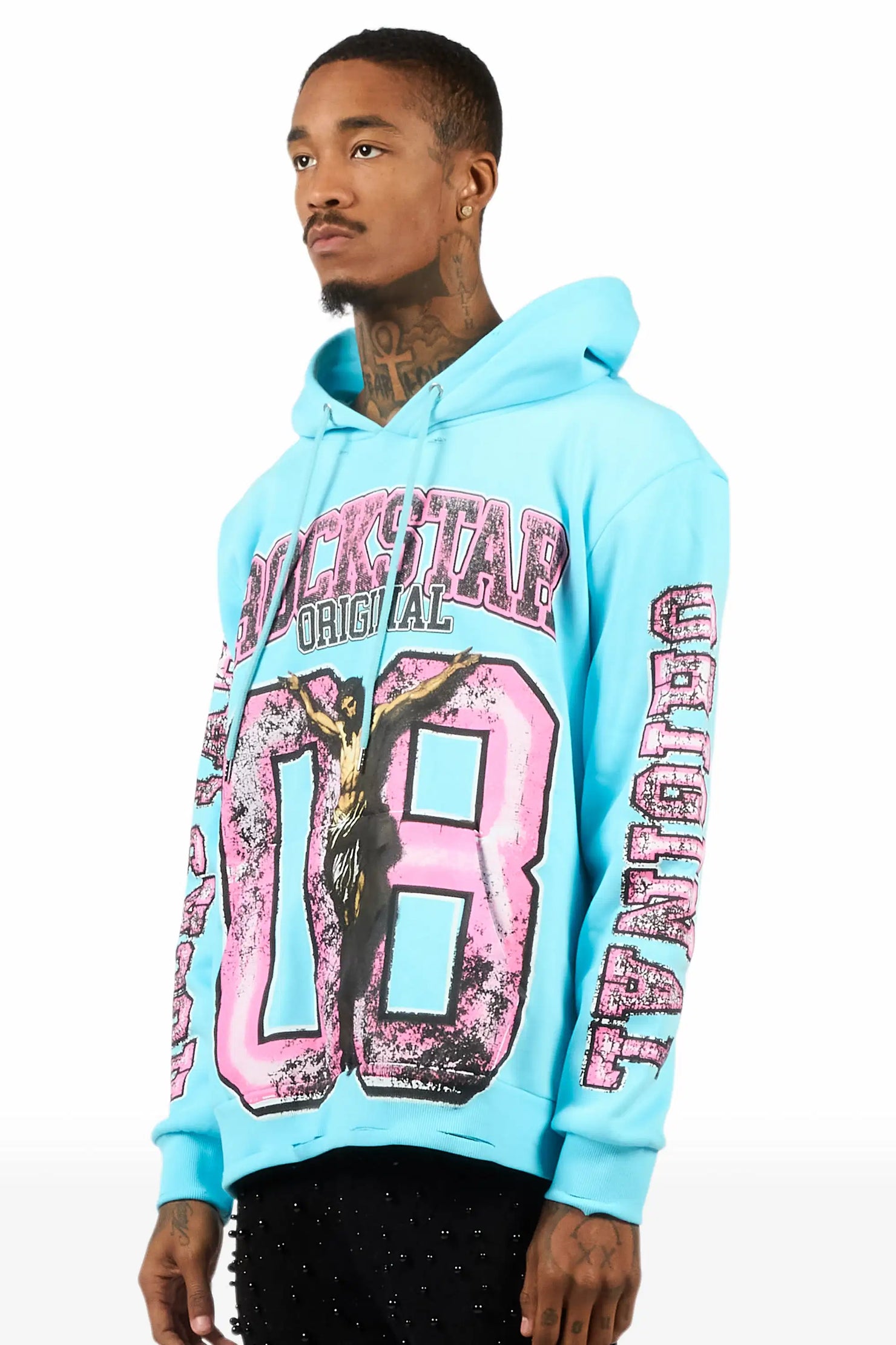 Fields Baby Blue Distressed Graphic Hoodie