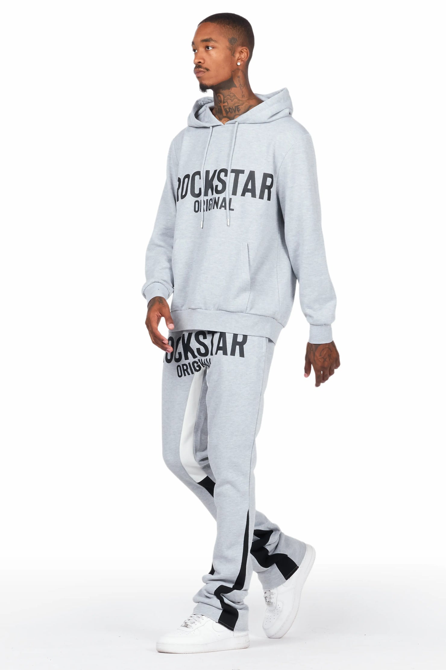 Lister Heather Grey/Black Graphic Hoodie/Stacked Flare Pant Track Set